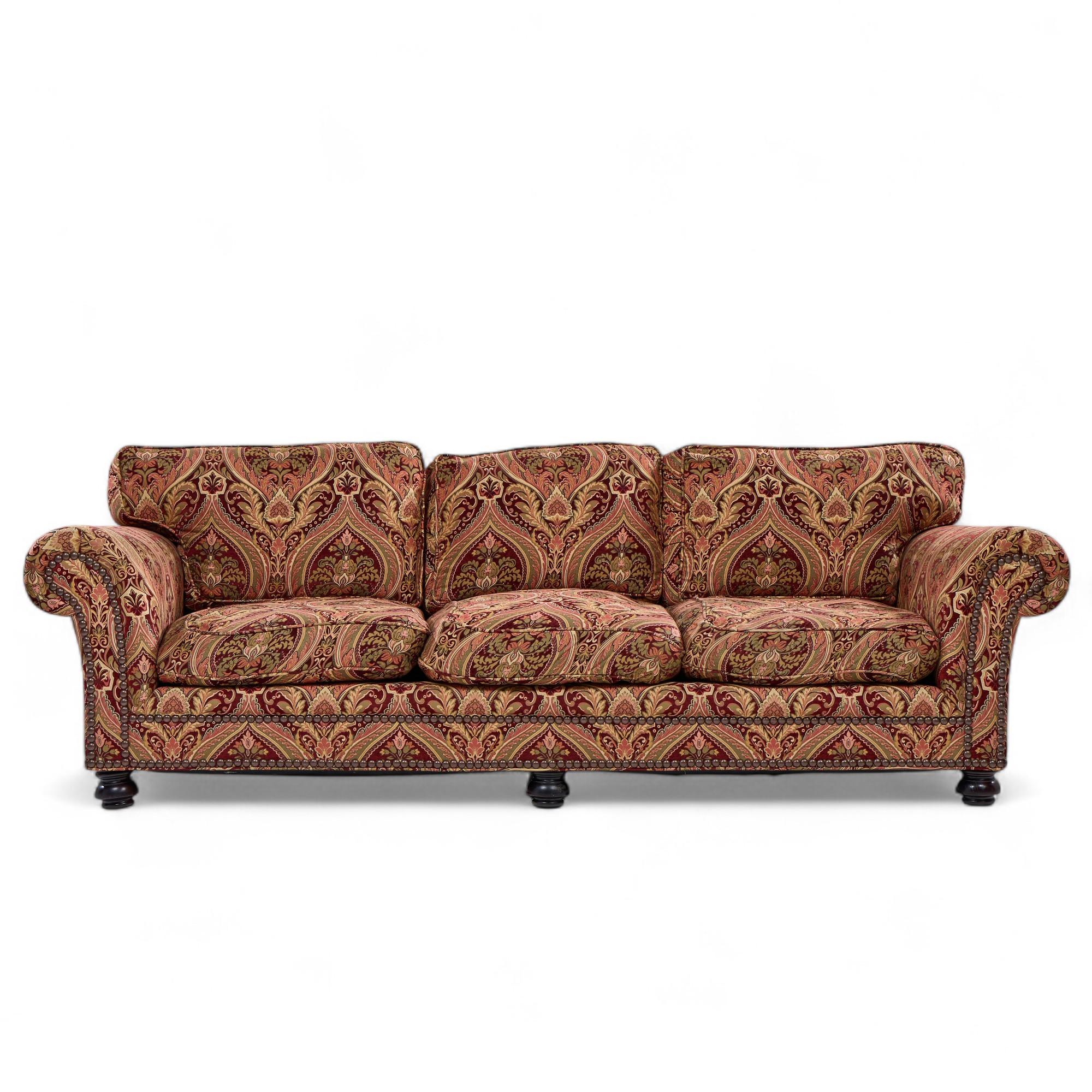 George Smith Roll Arm Sofa

This sofa measures: 101 wide x 45 deep x 35 inches high, with a seat height of 19.5 and arm height of 27 inches

We take our photos in a controlled lighting studio to show as much detail as possible. We do NOT Photoshop