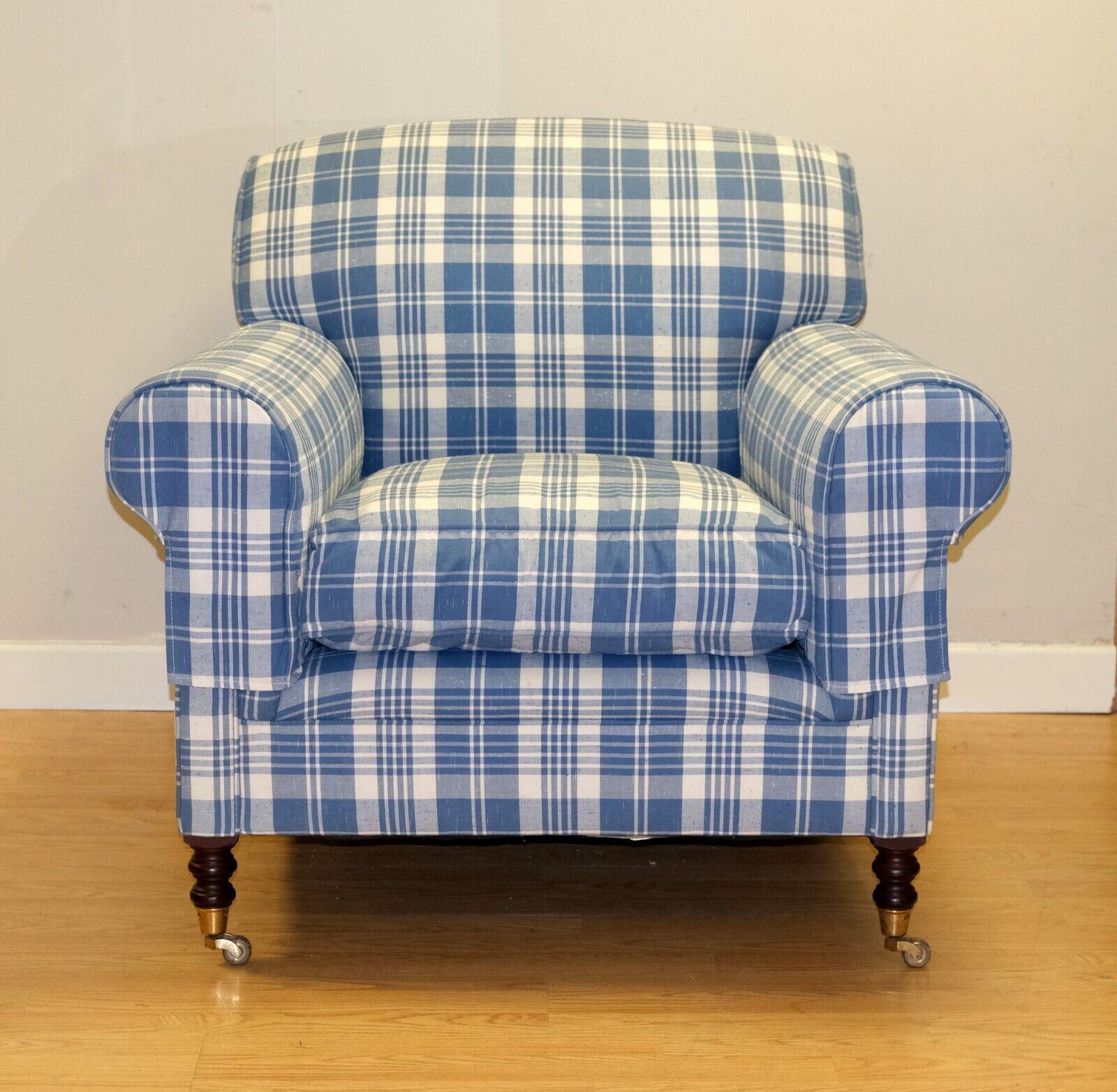 George Smith Signature Armchair Full Scroll Arms on Royal Blue Fabric & Castors 5