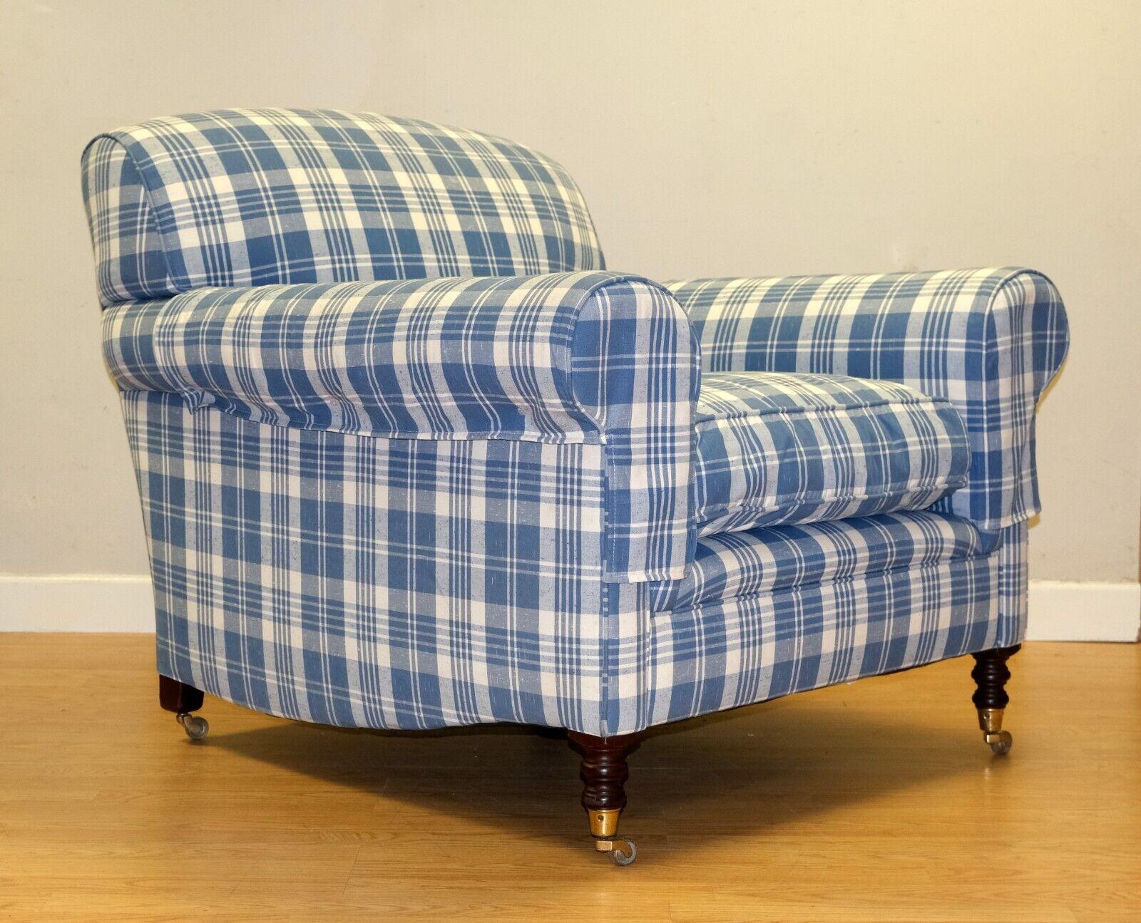 English George Smith Signature Armchair Full Scroll Arms on Royal Blue Fabric & Castors