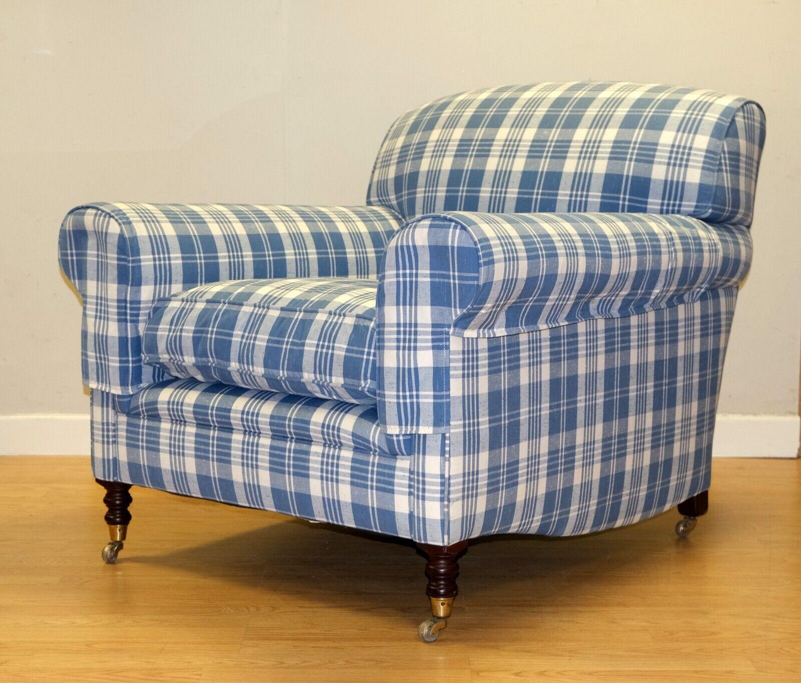 Hand-Crafted George Smith Signature Armchair Full Scroll Arms on Royal Blue Fabric & Castors