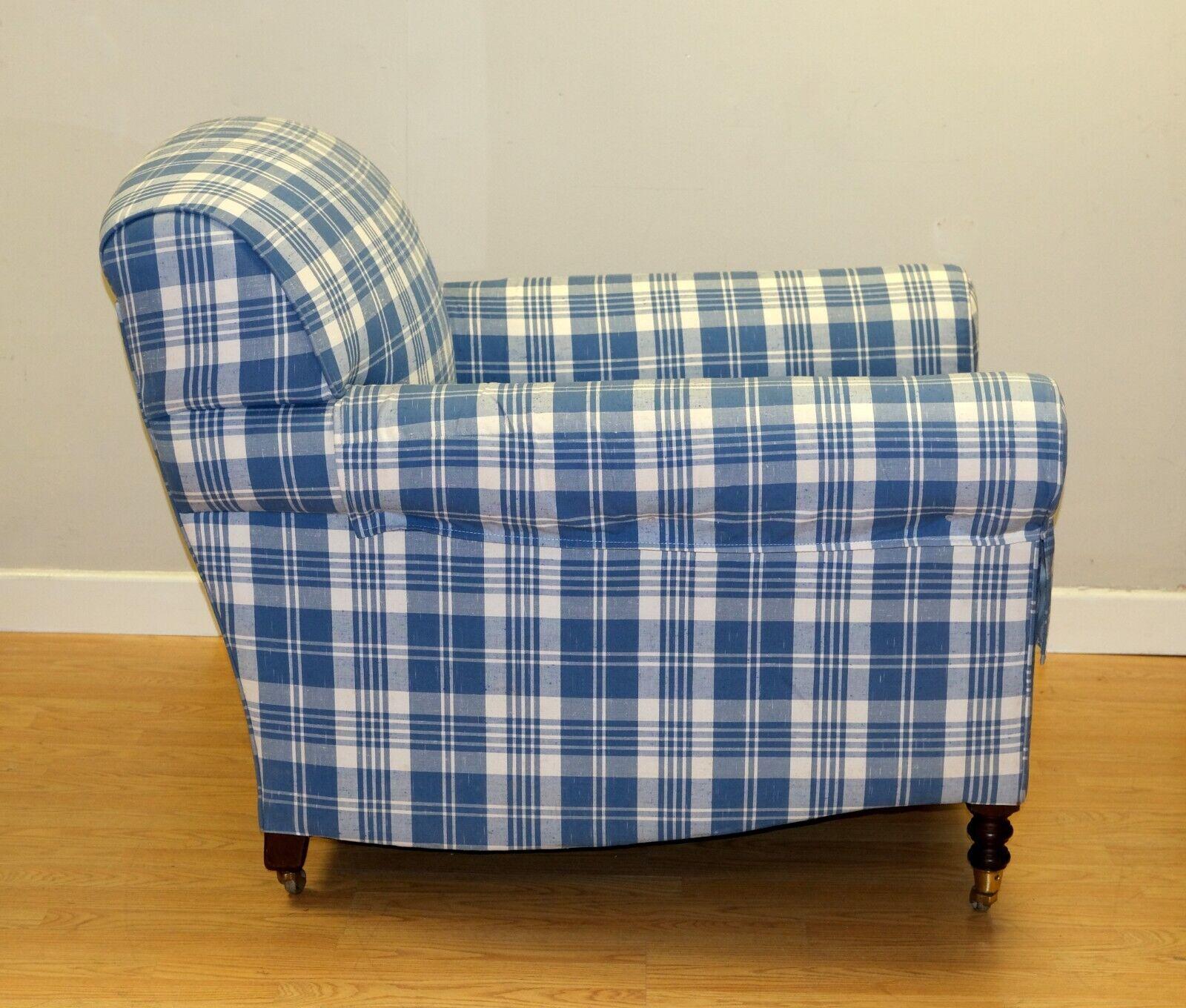 20th Century George Smith Signature Armchair Full Scroll Arms on Royal Blue Fabric & Castors