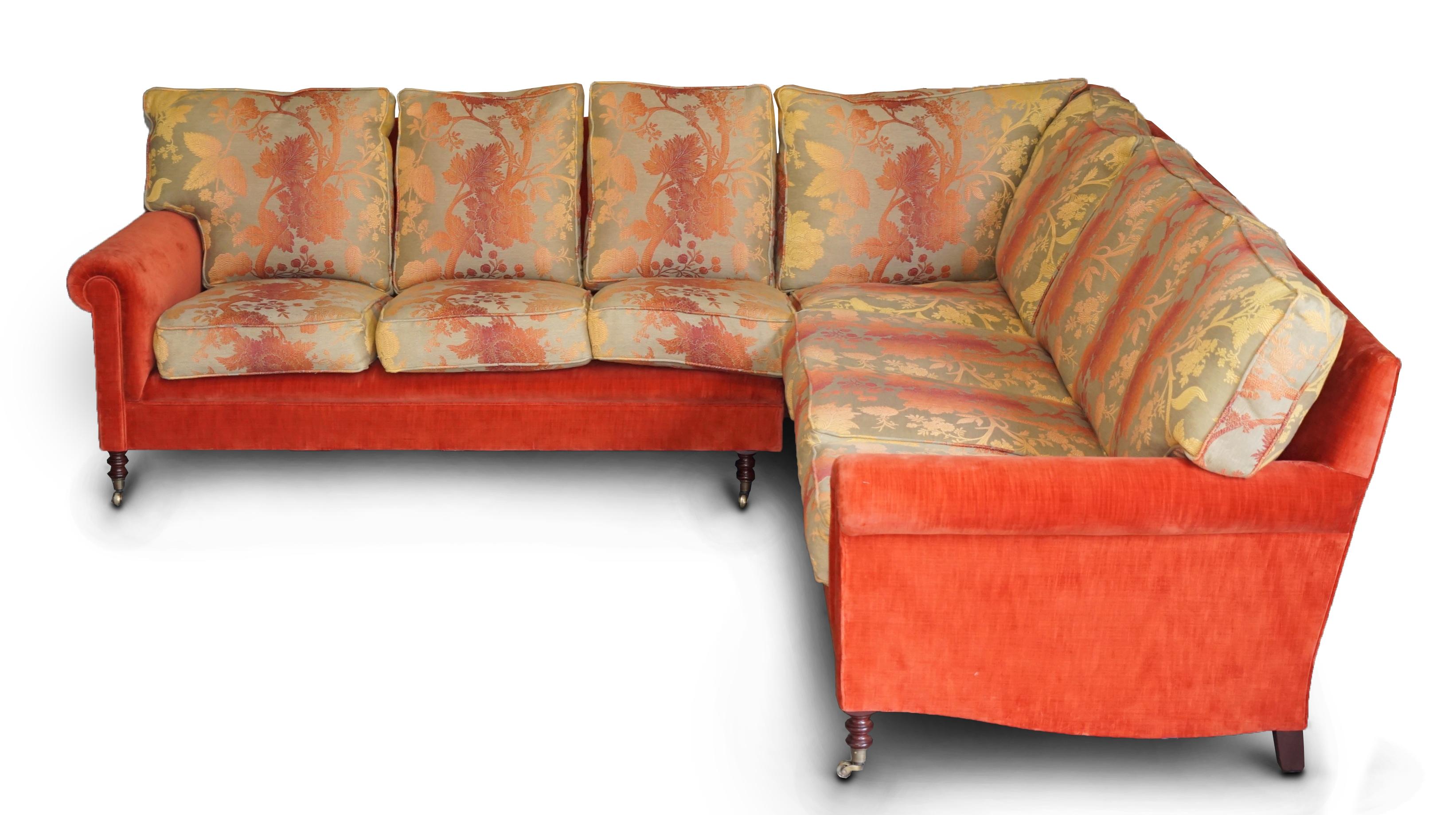 Hand-Crafted George Smith Signature Large 7 Seater Corner Sofa with Velour Floral Upholstery For Sale