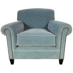 Used George Smith “Signature" Scroll-Arm Armchair in Pale-Blue Mohair-Velvet