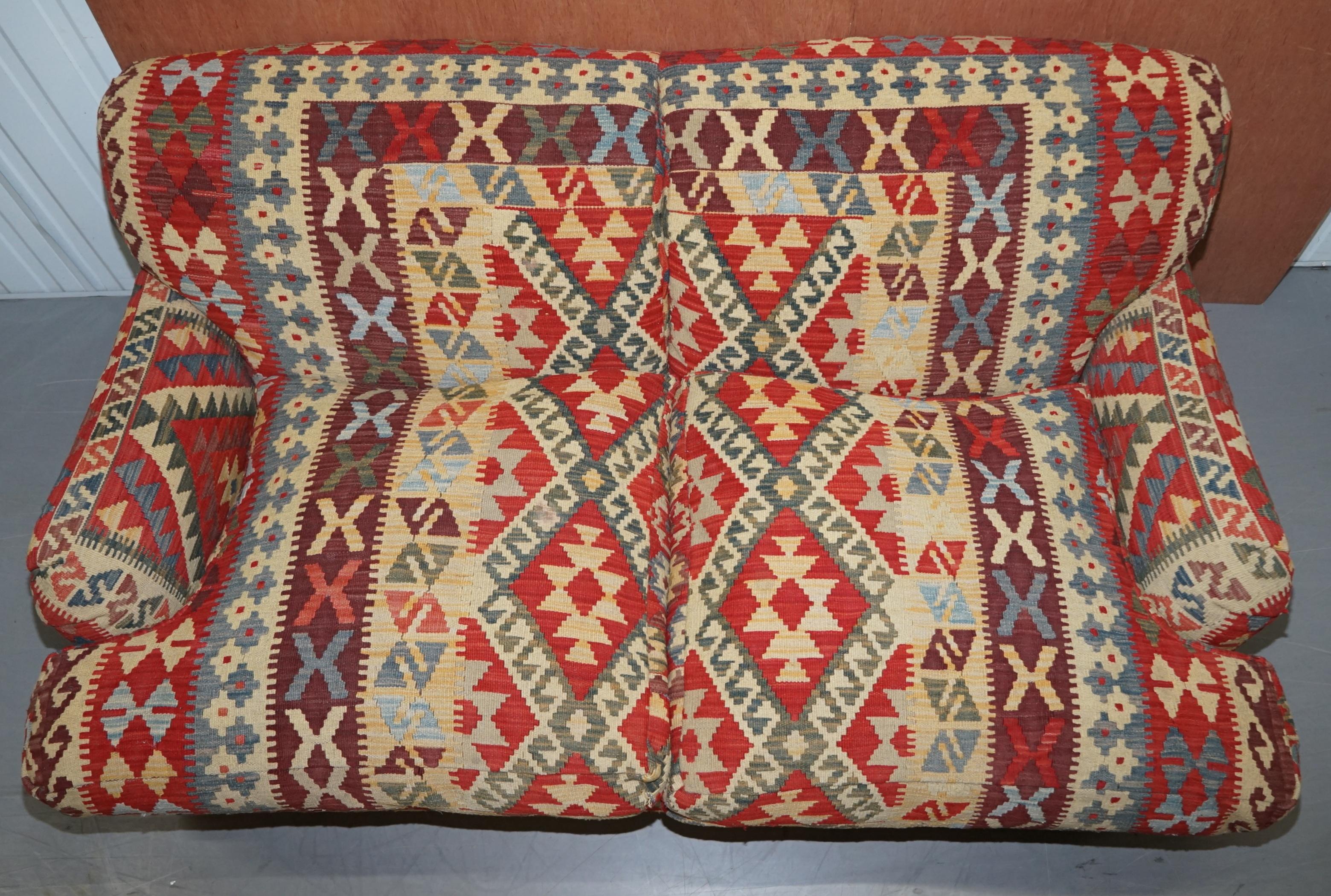 Modern George Smith Signature Scroll Arm Kilim Upholstered Sofa Original Upholstery