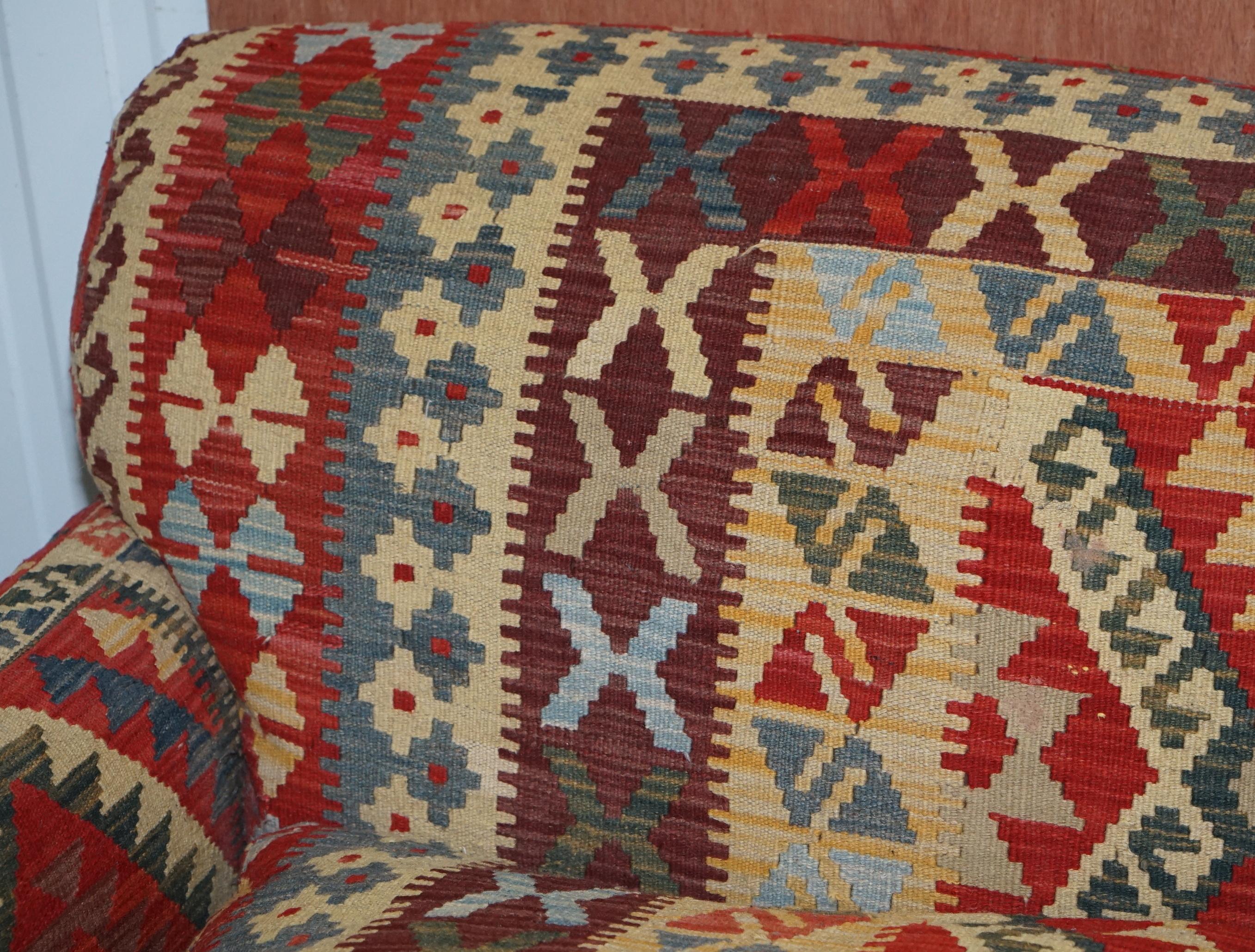 Contemporary George Smith Signature Scroll Arm Kilim Upholstered Sofa Original Upholstery