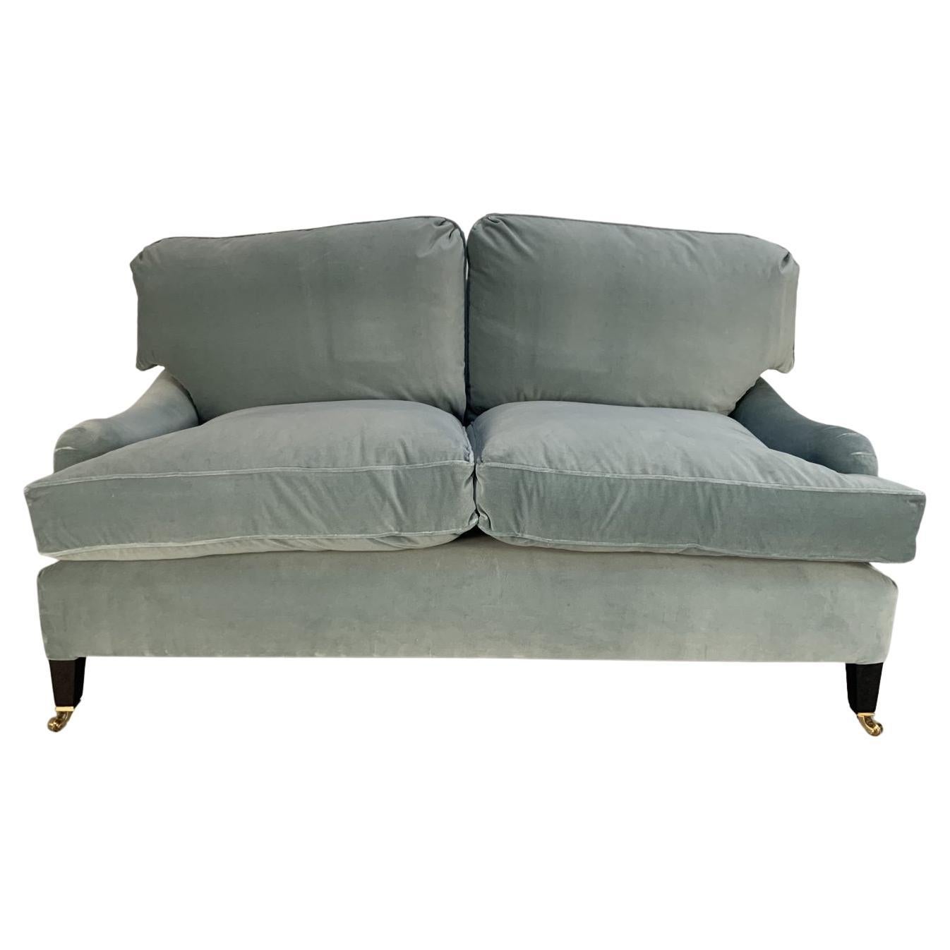 George Smith “Signature” Sofa, Small 2-Seat, in Pale Blue Italian Velvet For Sale