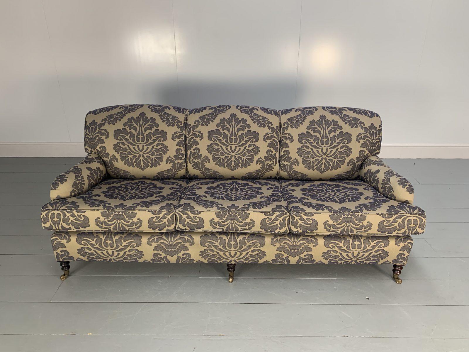 This is a superb, immaculate George Smith Signature “Standard-Arm” Medium Fixed-Back, 3-Seat Sofa, dressed in beguiling, elegant, top-grade and sensationally-tactile “Bernini” Damask fabric in Pale Gold and Duck-Egg Blue.

In a world of temporary