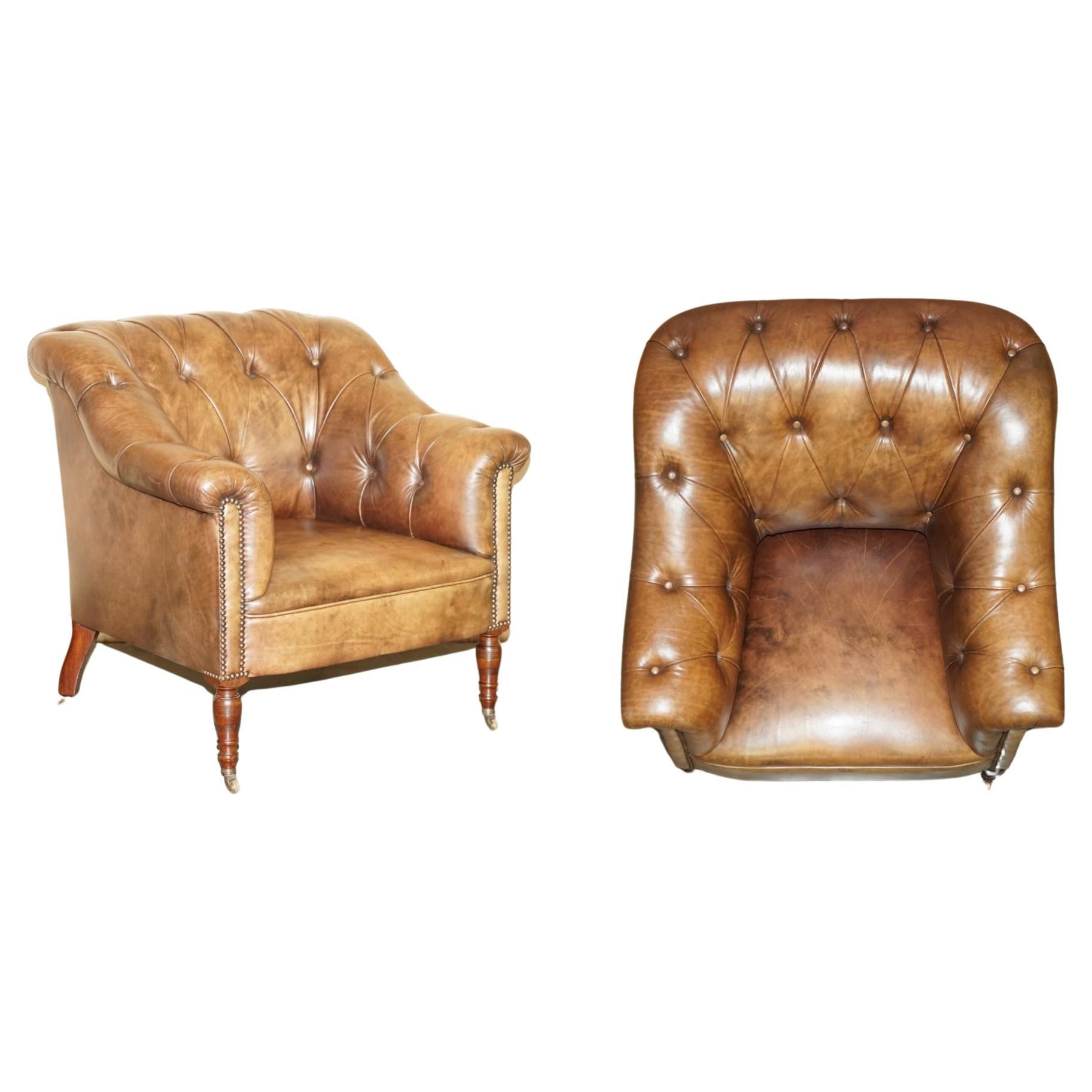  GEORGE SMiTH SOMERVILLE BROWN LEATHER CHESTERFIELD ARMCHAIR For Sale