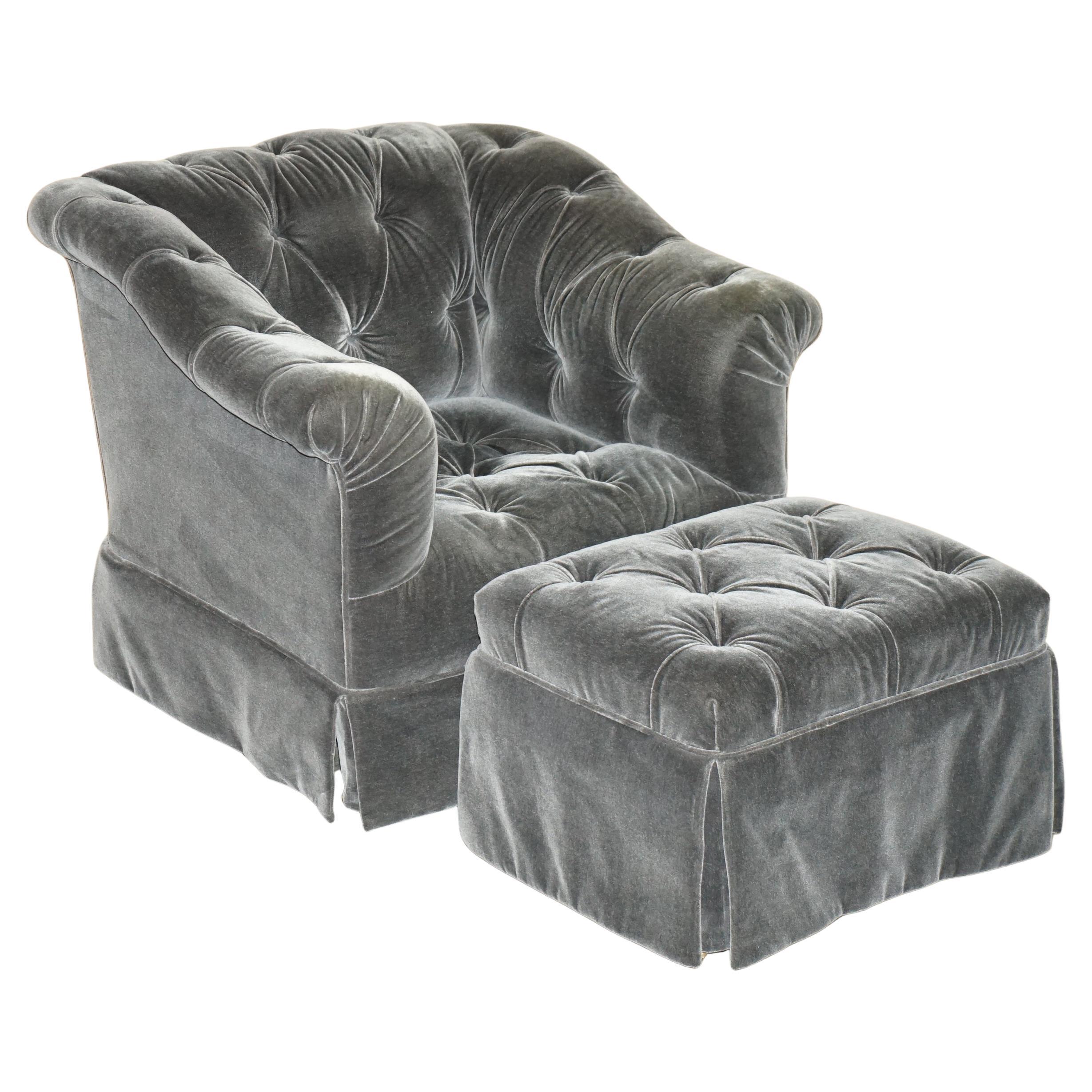 GEORGE SMiTH SOMERVILLE CHESTERFIELD MOHAIR VELVET ARMCHAIR FOOTSTOOL