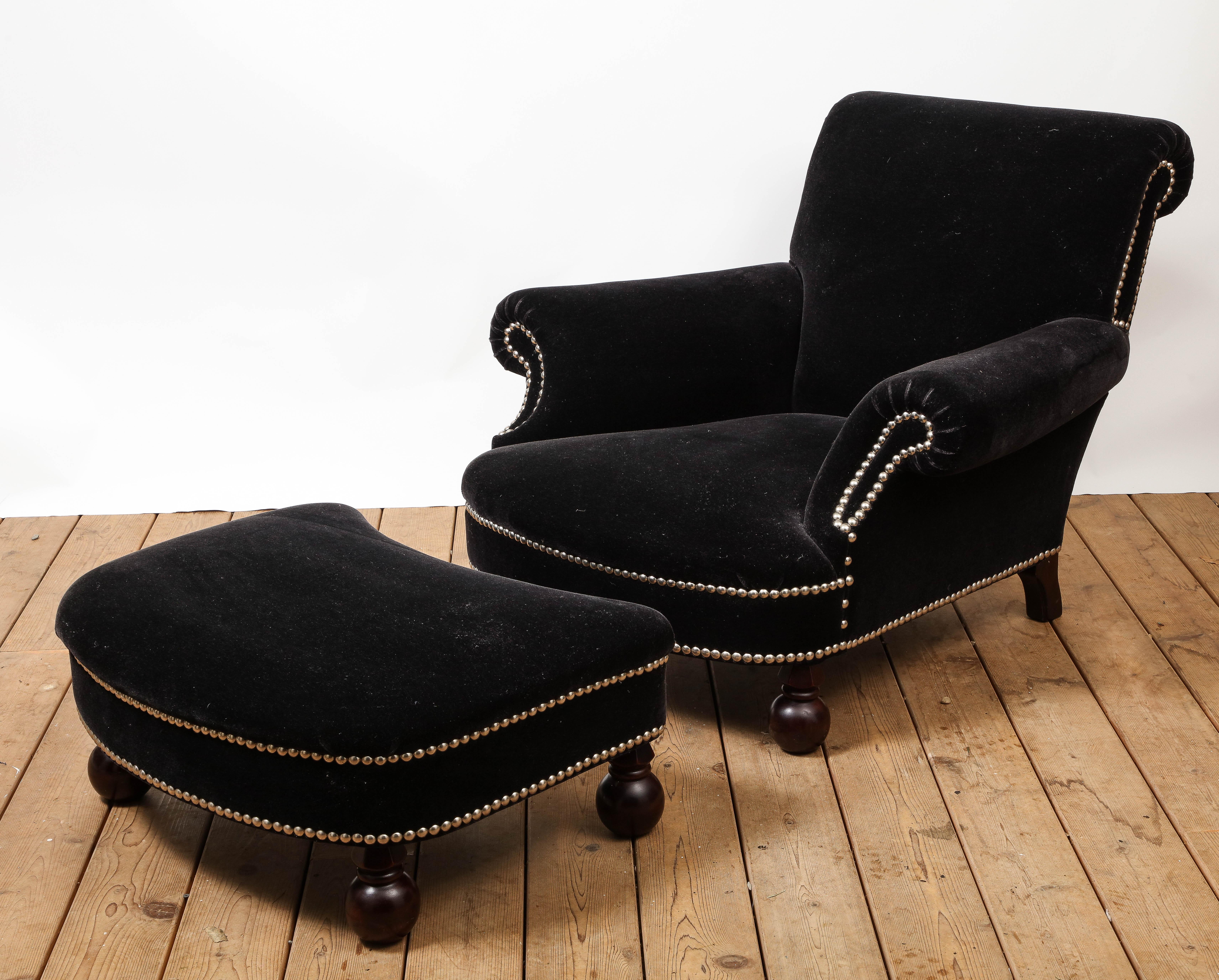 English George Smith Studio Chair and Matching Ottoman in Black Velvet