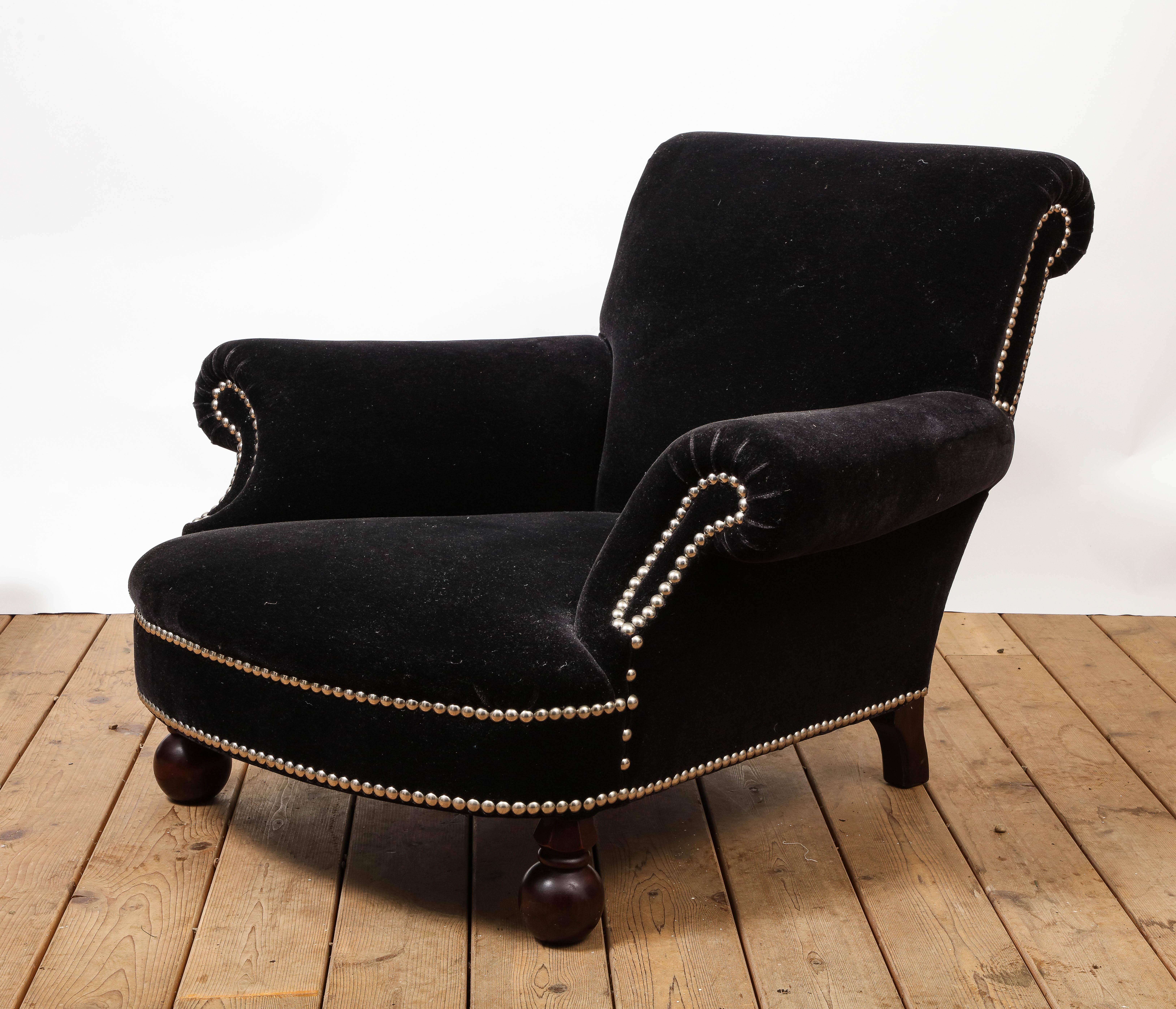 Contemporary George Smith Studio Chair and Matching Ottoman in Black Velvet