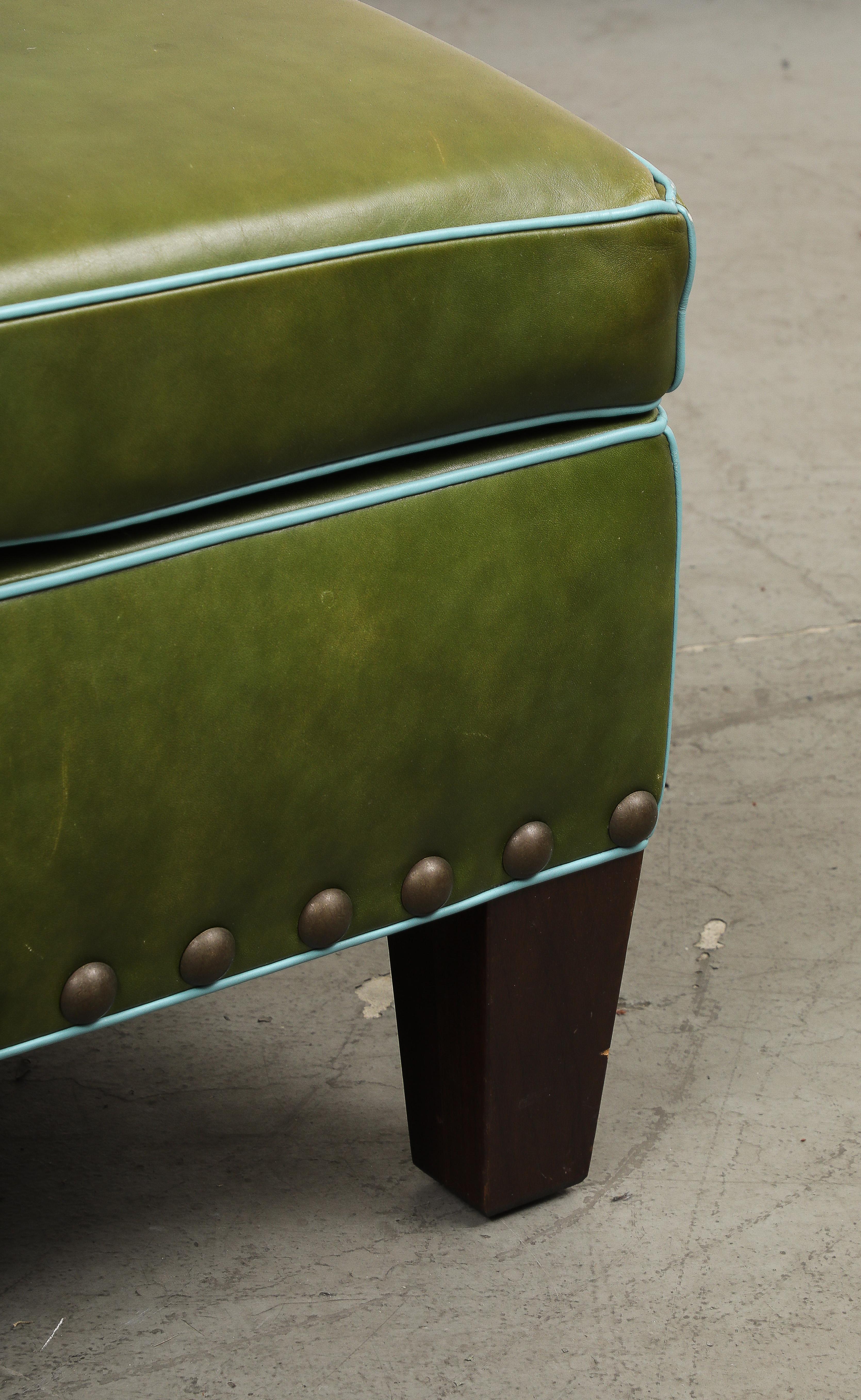 George Smith Style Green Leather Rectangular Tufted Ottoman 5