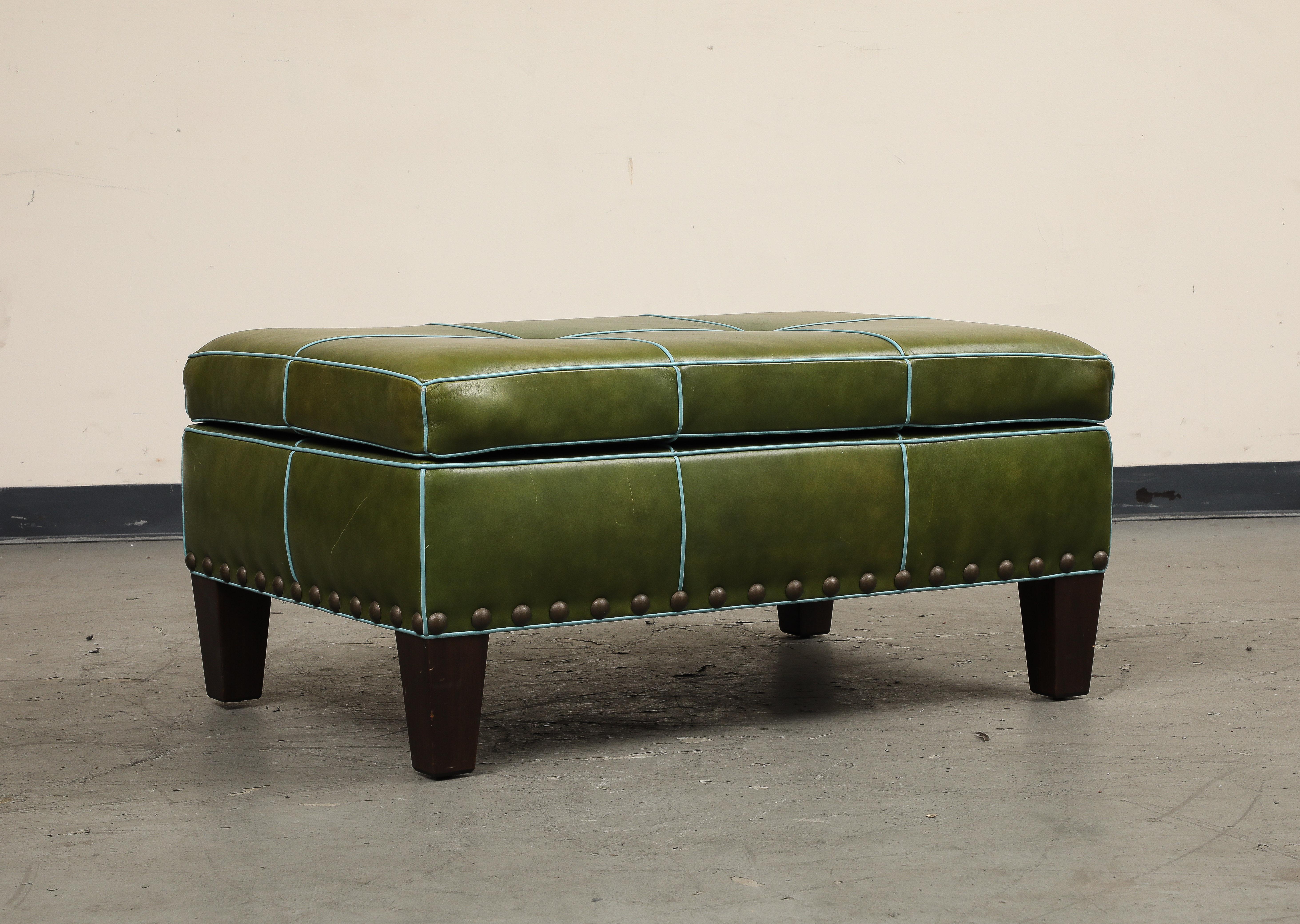 English George Smith Style Green Leather Rectangular Tufted Ottoman