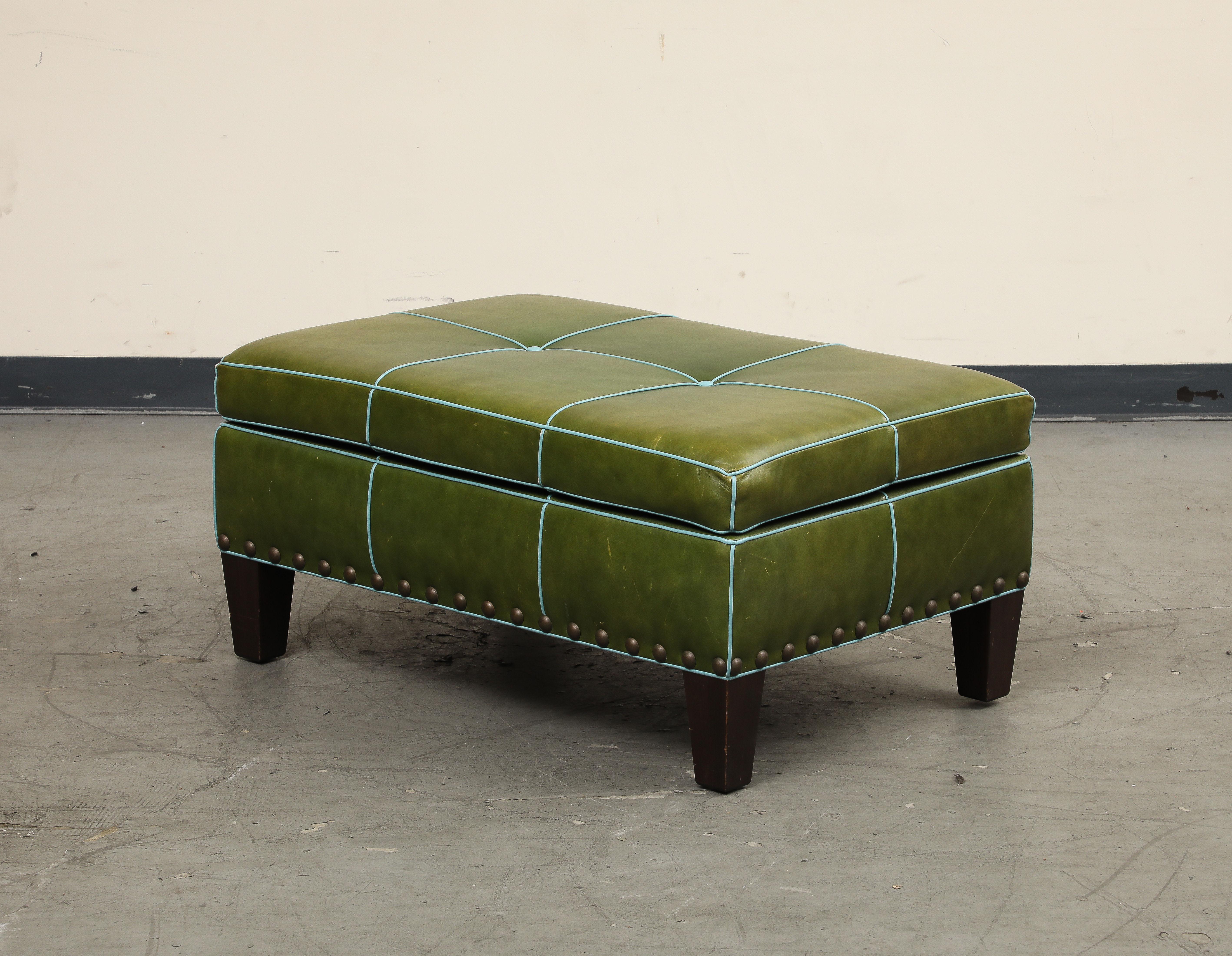 20th Century George Smith Style Green Leather Rectangular Tufted Ottoman