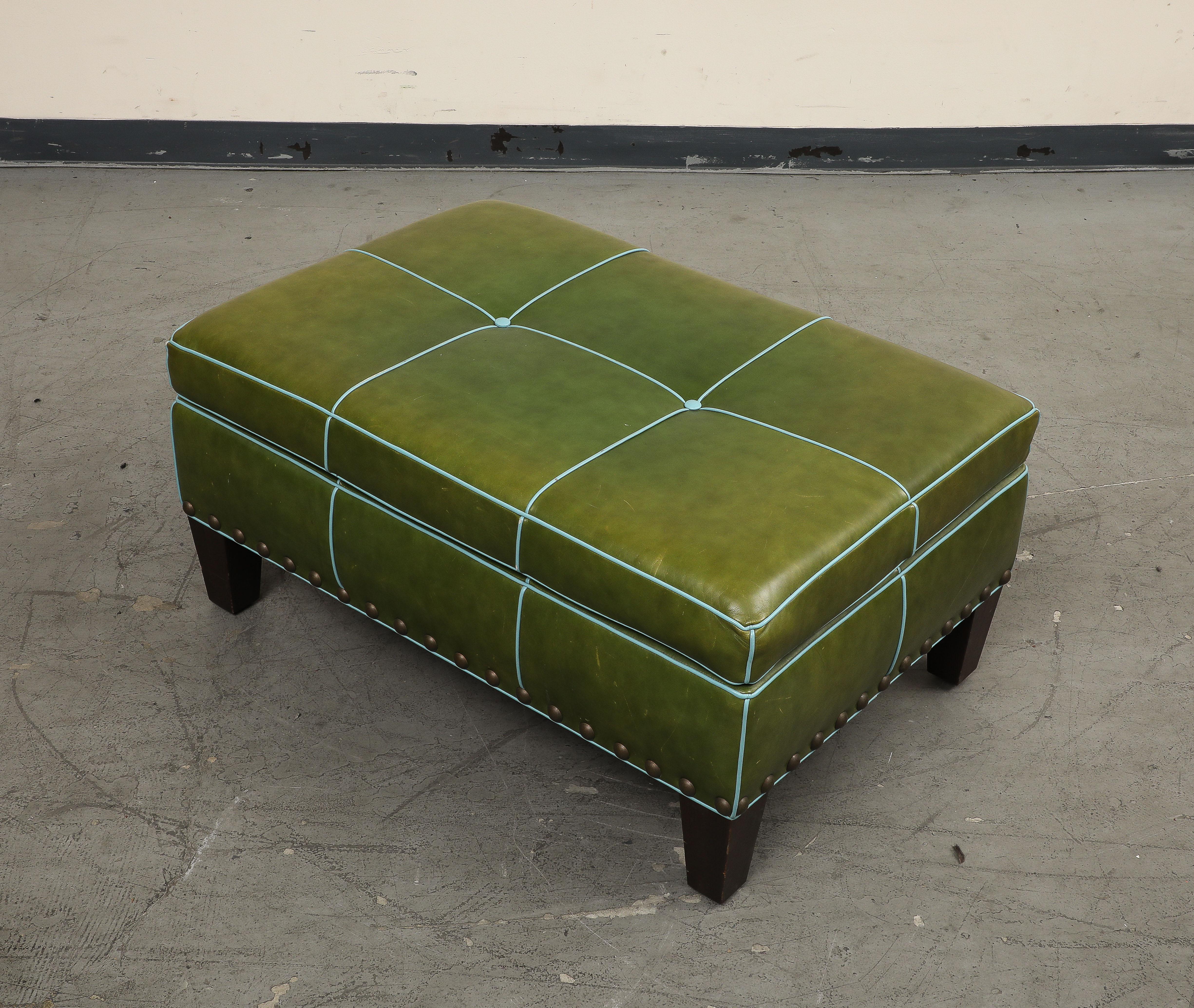George Smith Style Green Leather Rectangular Tufted Ottoman 1
