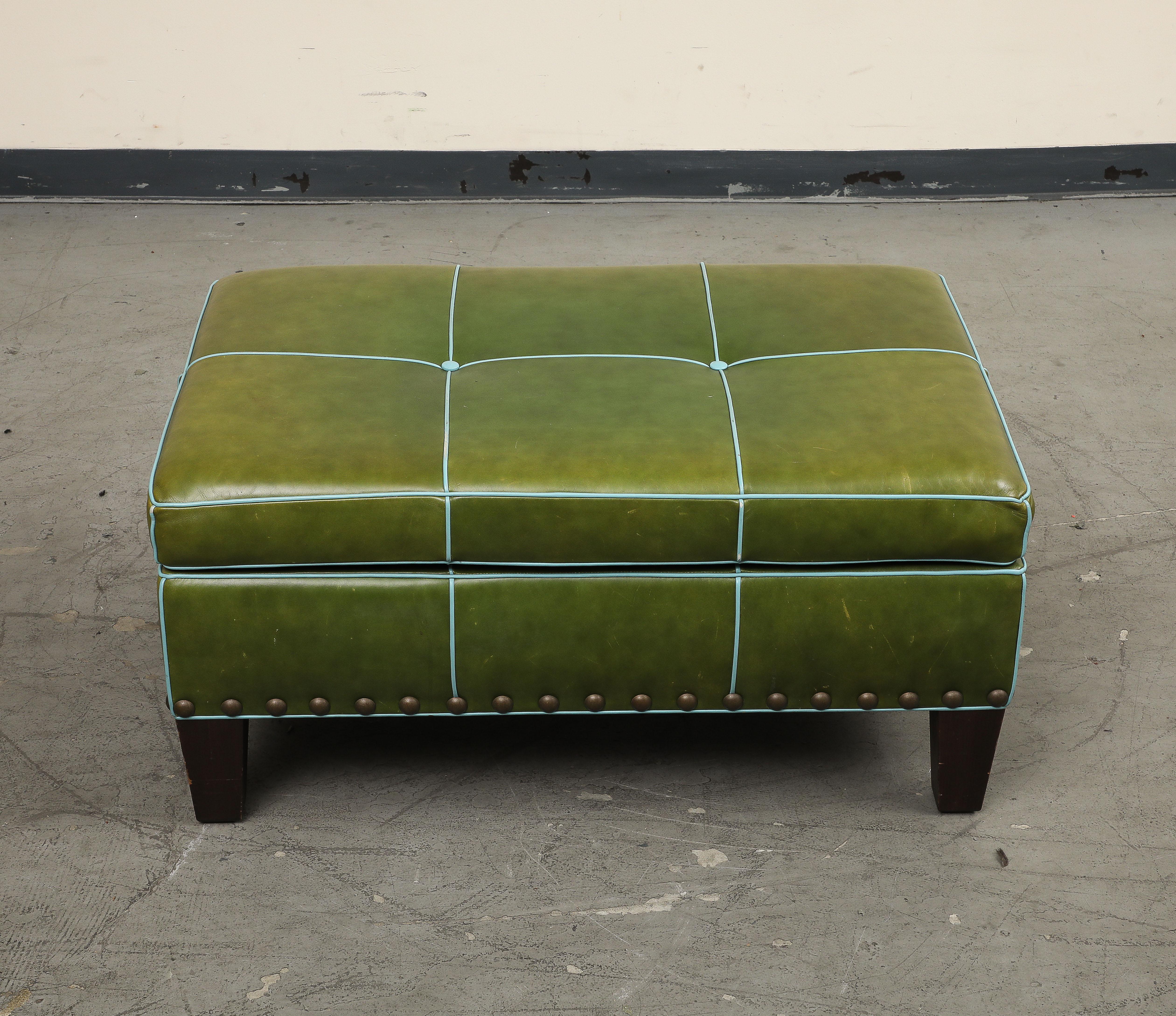 George Smith Style Green Leather Rectangular Tufted Ottoman 2