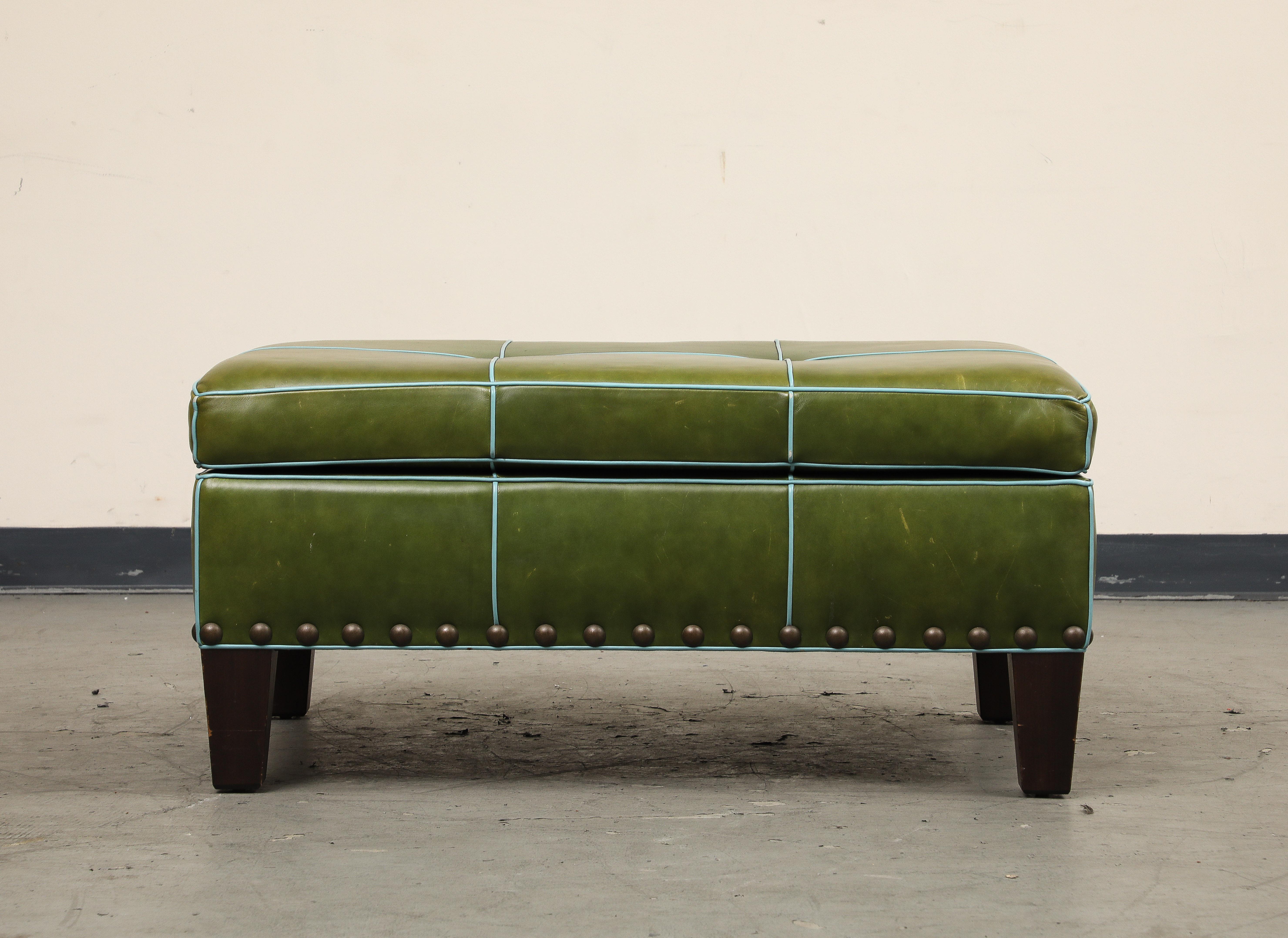 George Smith Style Green Leather Rectangular Tufted Ottoman 3