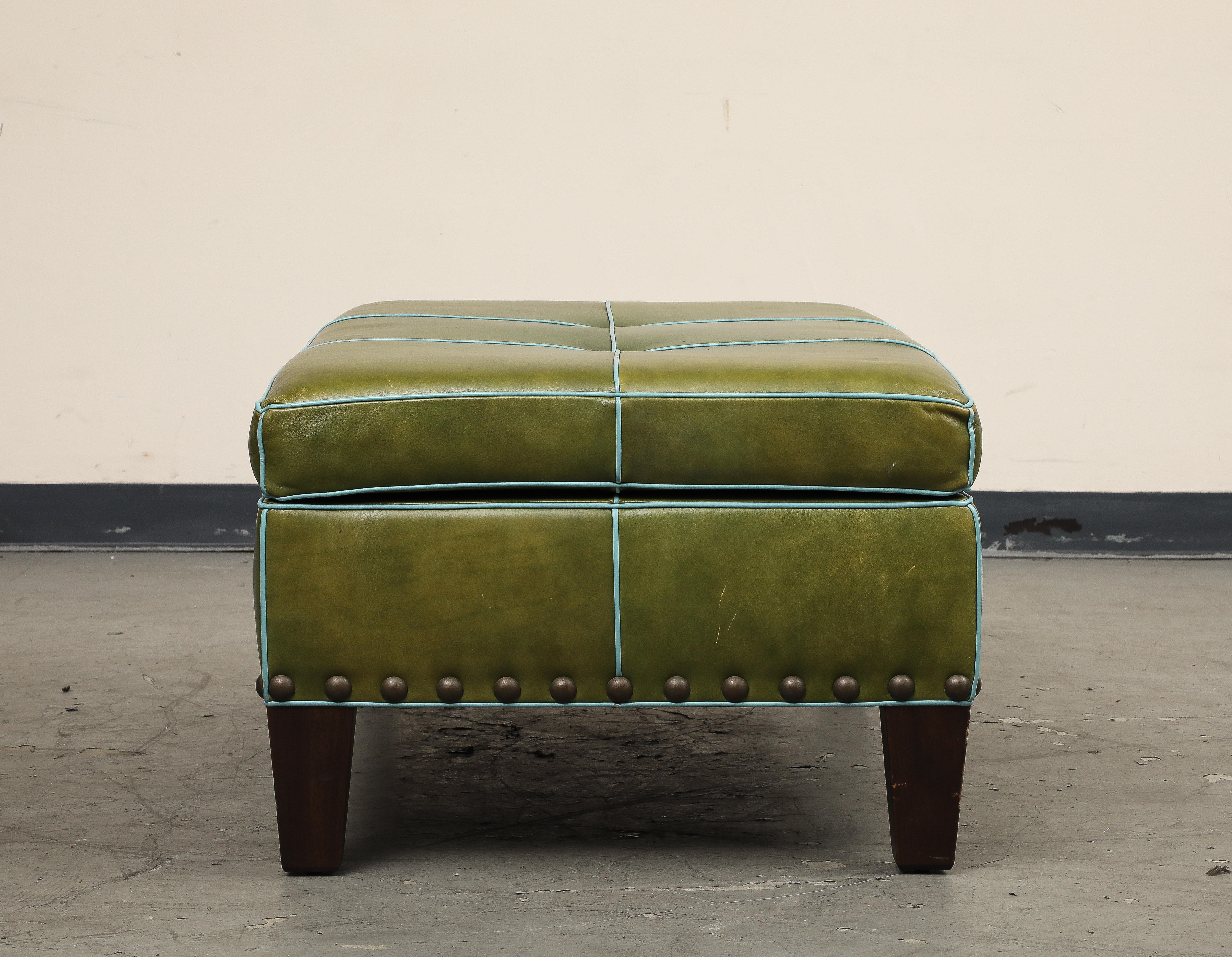 George Smith Style Green Leather Rectangular Tufted Ottoman 4