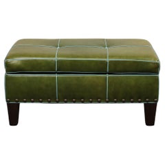 George Smith Style Green Leather Rectangular Tufted Ottoman