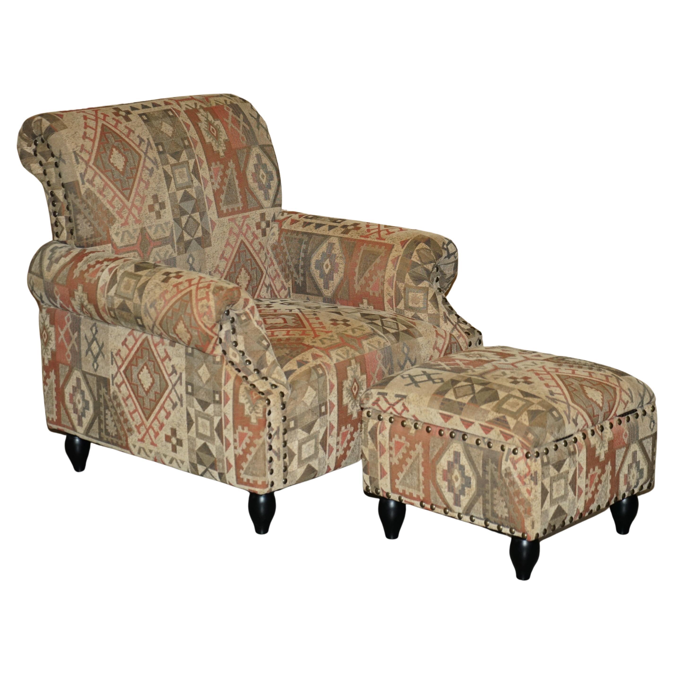 George Smith Style Kilim Armchair & Ottoman Footstool with Internal Storage For Sale