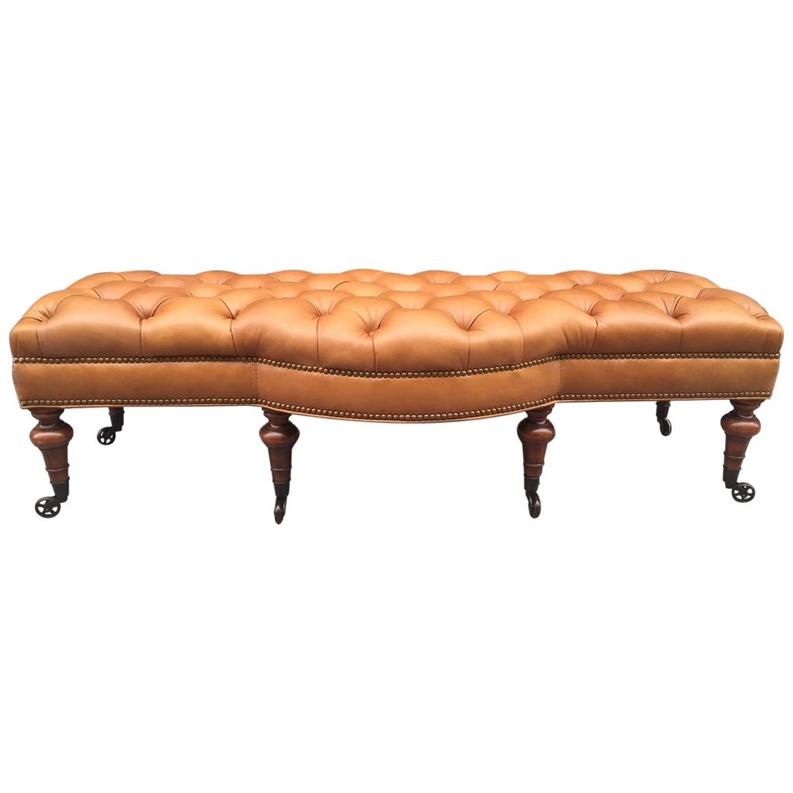 English Tufted Leather and Mahogany Backless Bench from the 1870s at