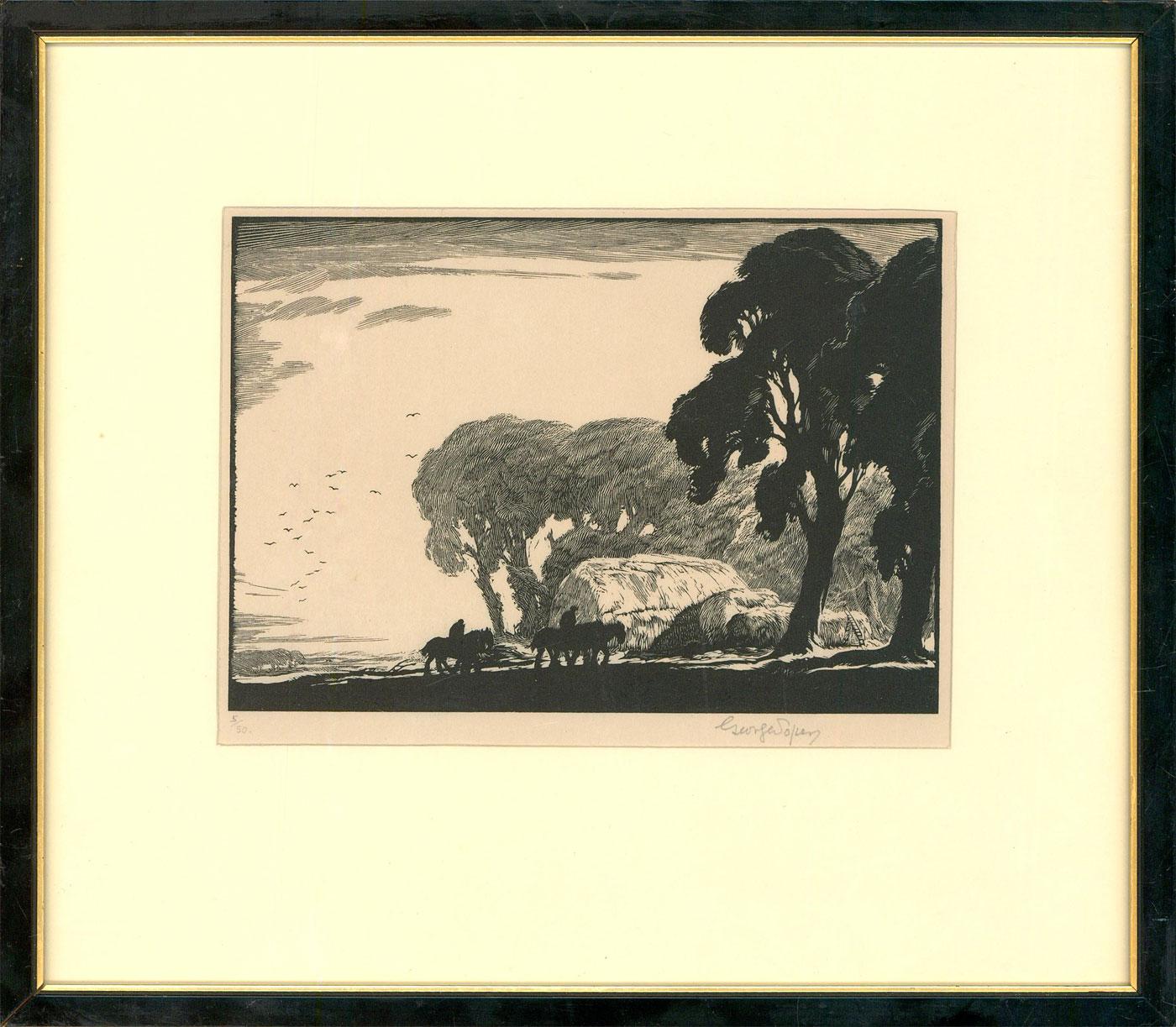 A charming early 20th century woodcut print by the listed artist George Soper RE (1870-1942), depicting draft horses returning to their stables after a day's heavy ploughing. The dramatic monochrome print is signed in graphite to the lower margin.