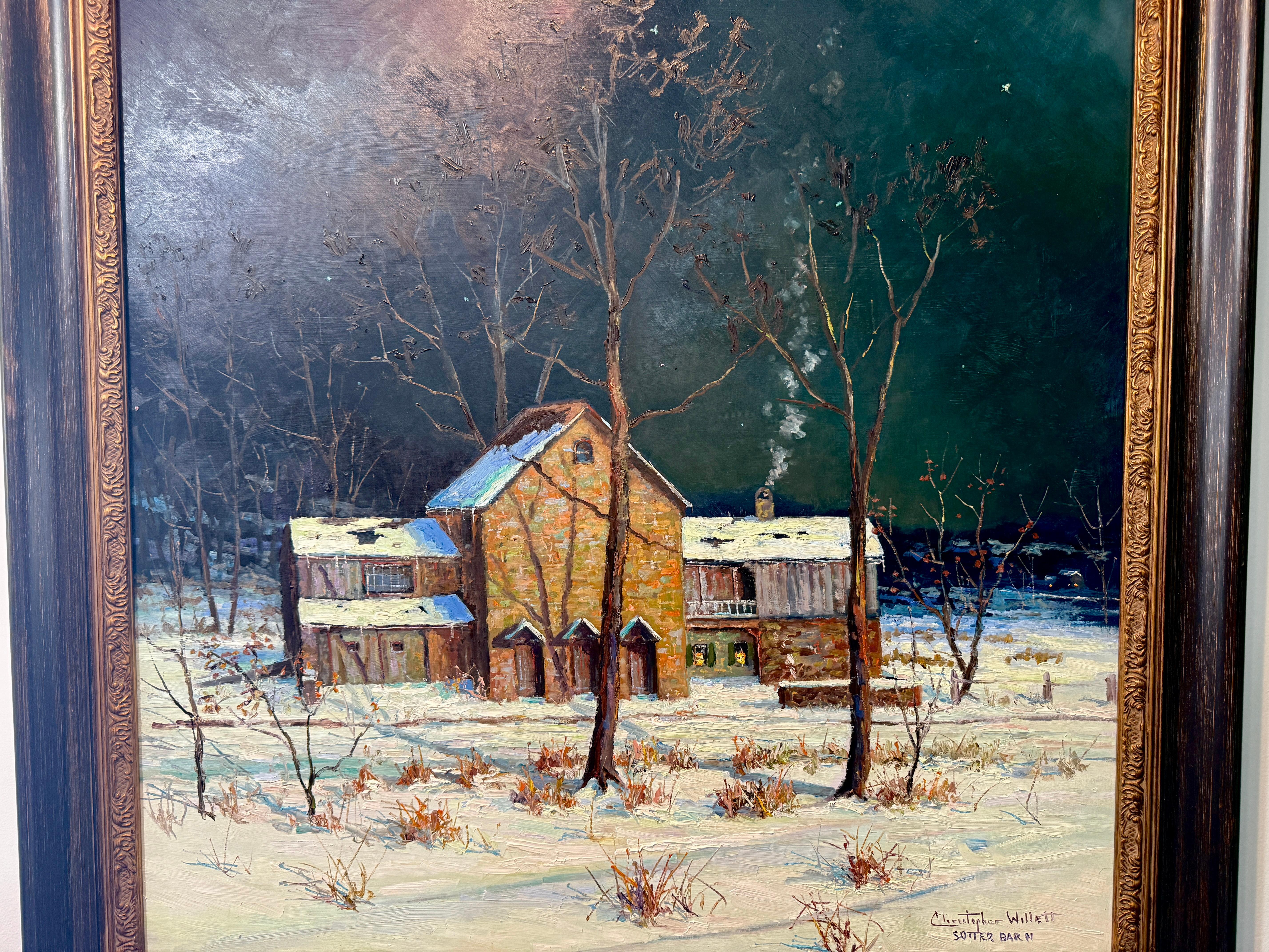 Classico americano George Sotter Studio Barn Bucks County Impressionista Scena notturna Pittura ad olio in vendita