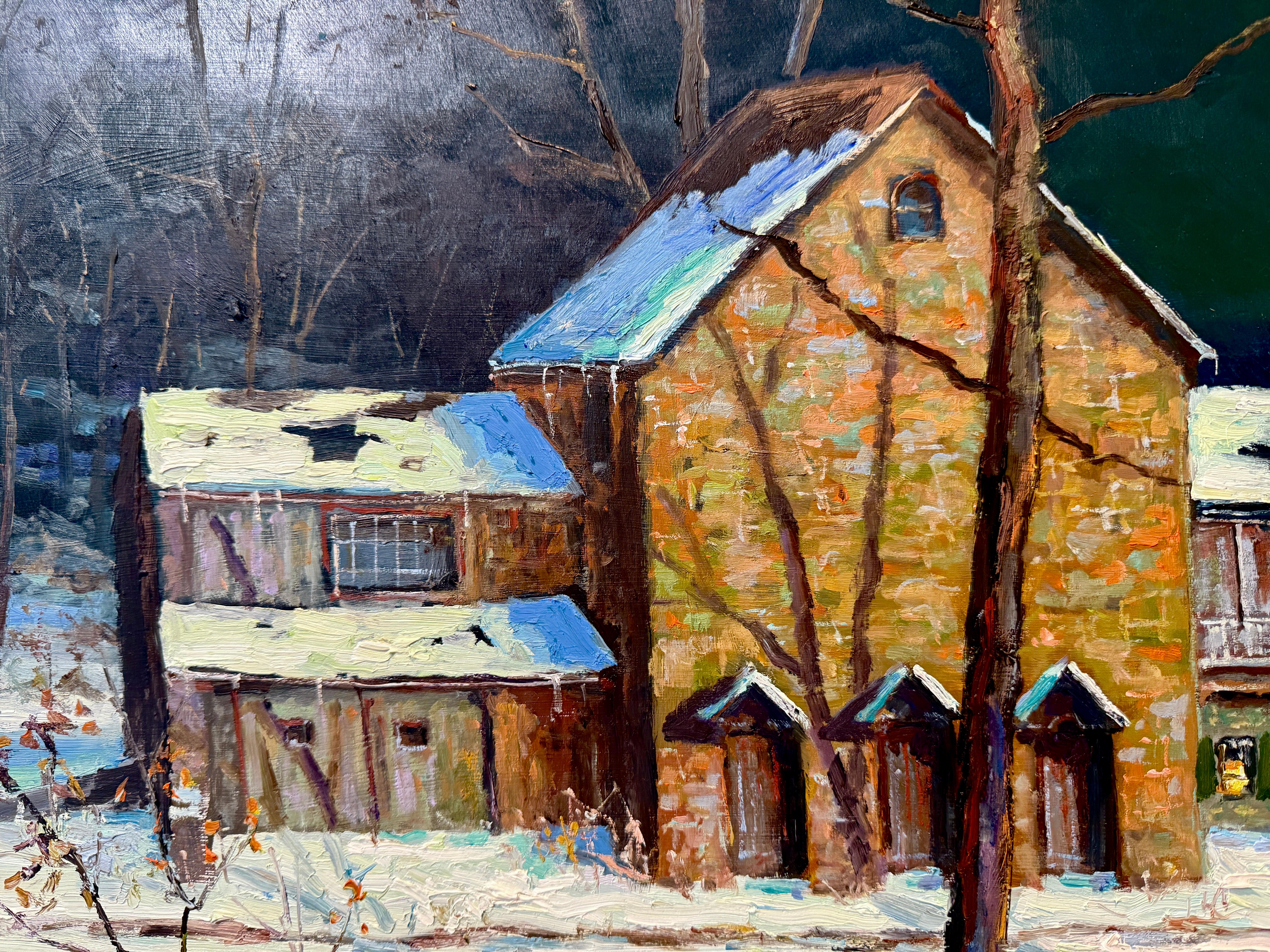 XX secolo George Sotter Studio Barn Bucks County Impressionista Scena notturna Pittura ad olio in vendita