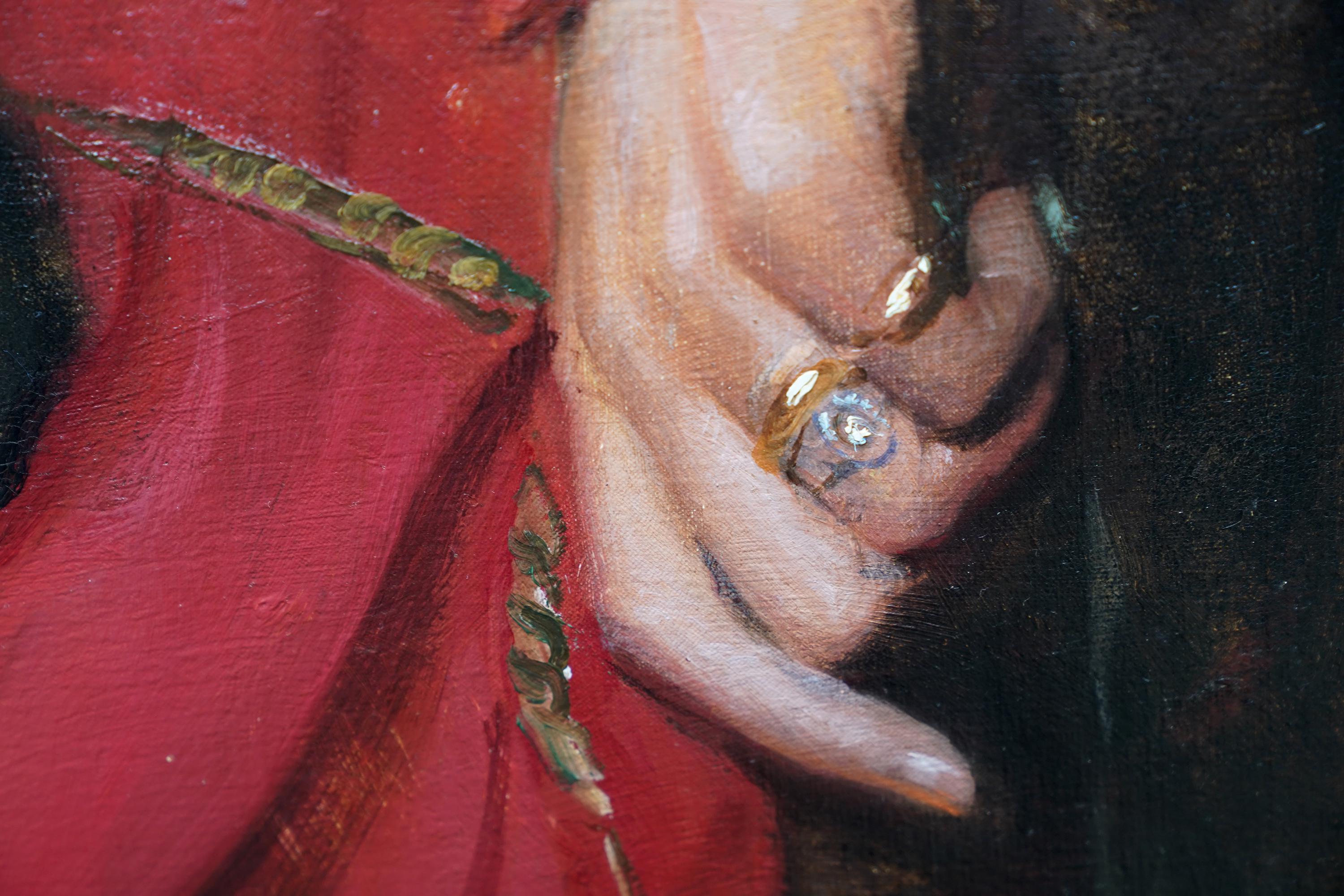 Mi Señora de la Rosa Retrato de Hilda, la esposa del artista - Pintura al óleo británica en venta 9