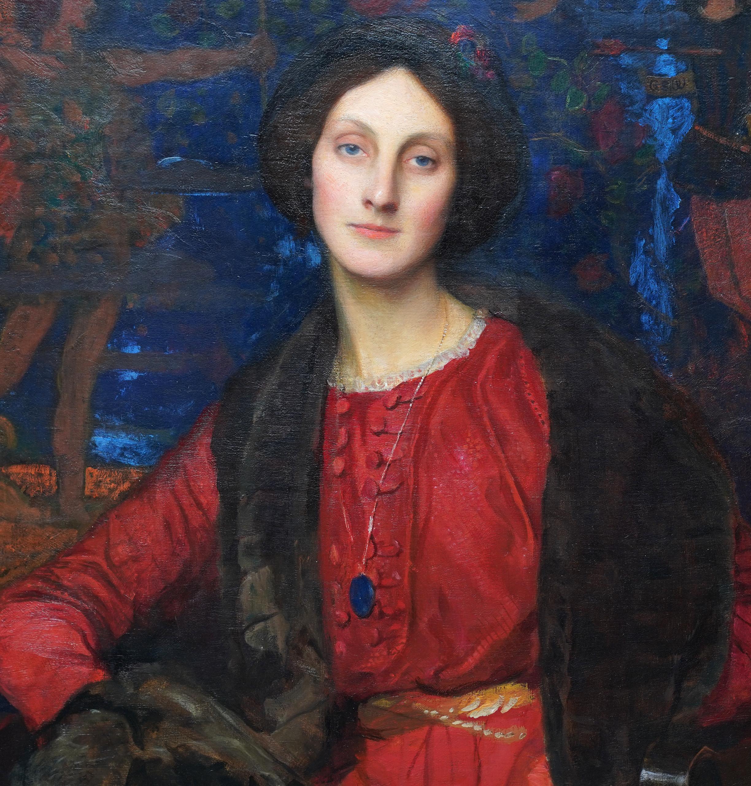 Mi Señora de la Rosa Retrato de Hilda, la esposa del artista - Pintura al óleo británica - Portrait Painting Negro de George Spencer Watson