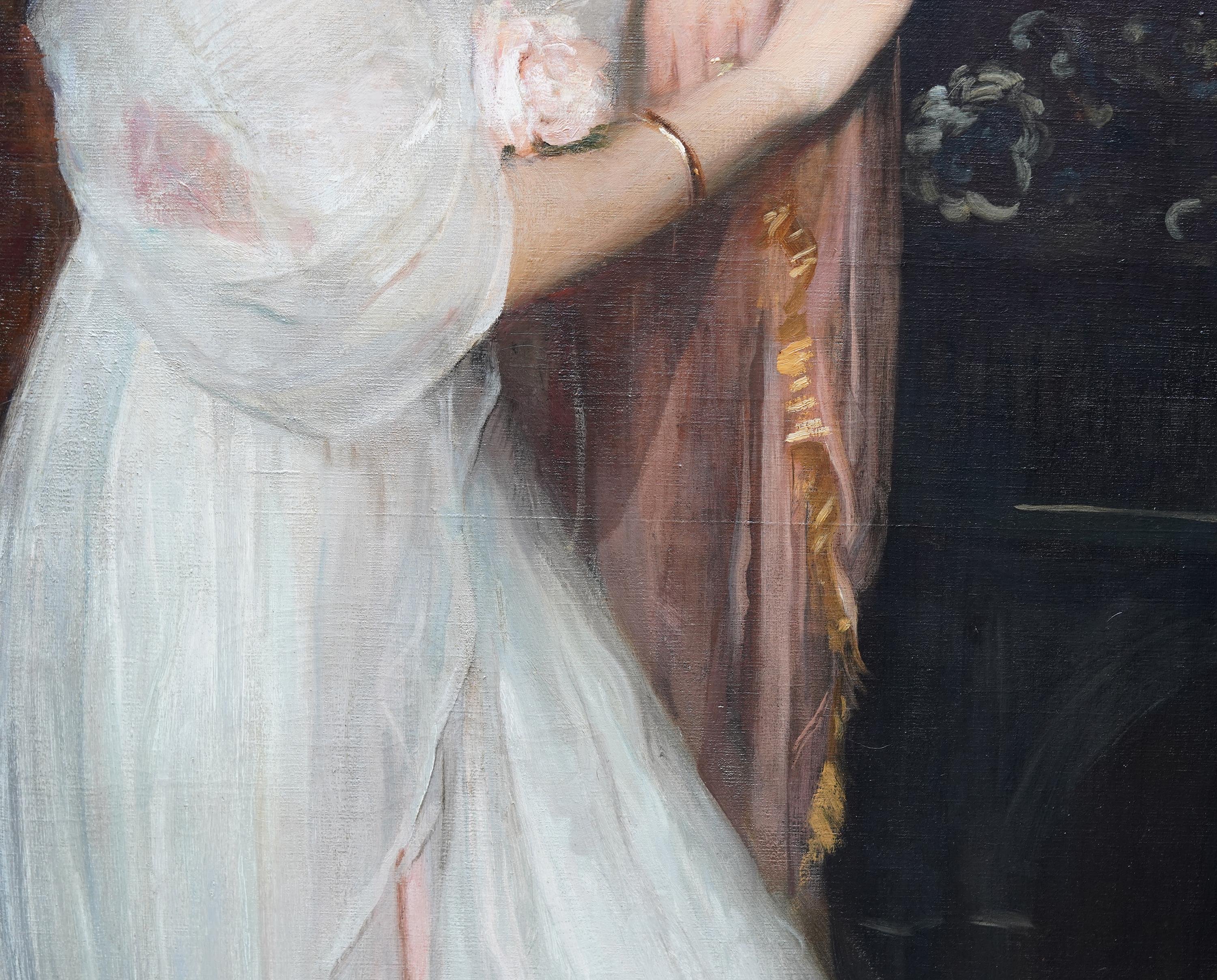 Retrato de la Sra. de William Tisdall Elsie Gardiner - Pintura al óleo eduardiana británica en venta 5