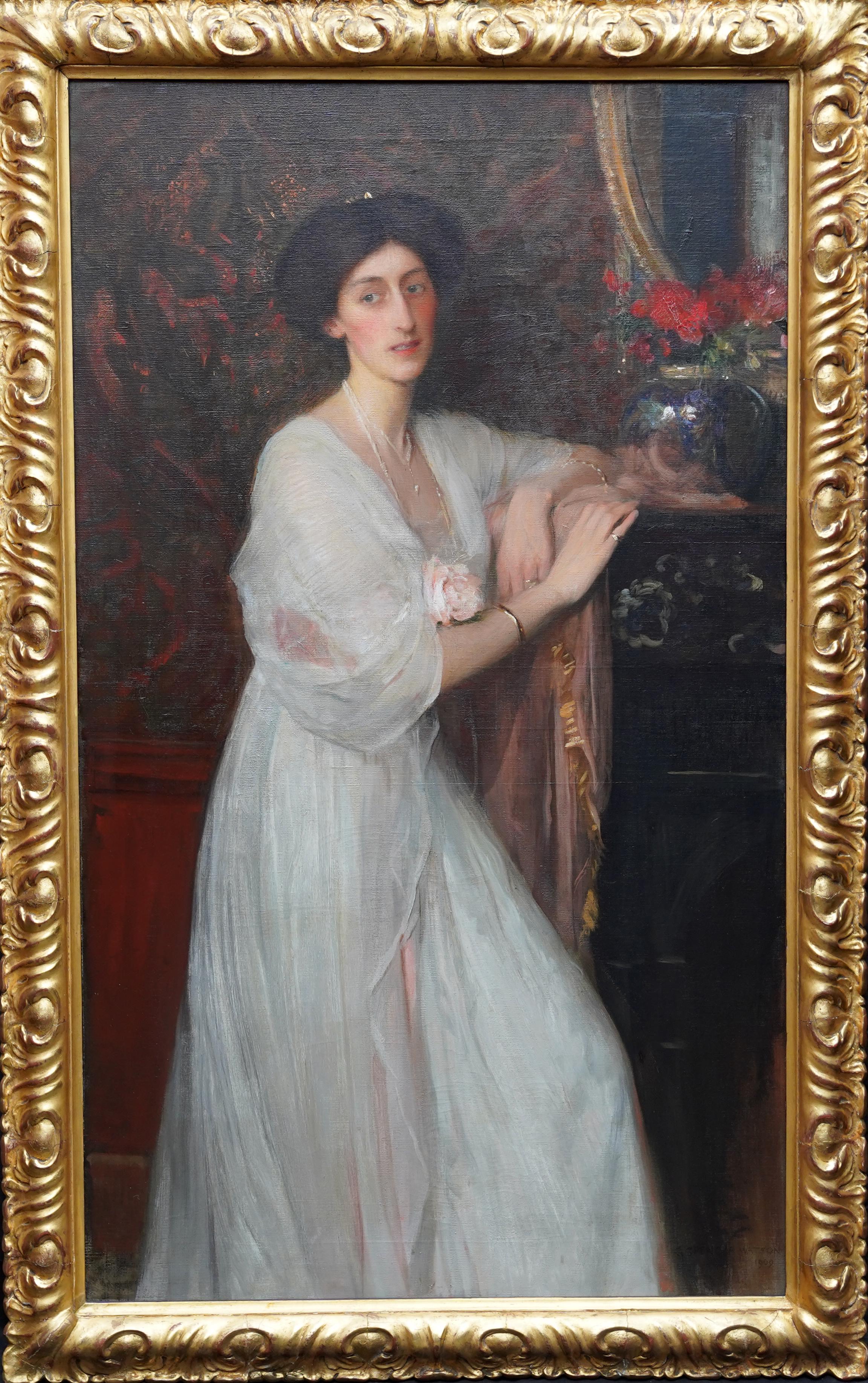 Retrato de la Sra. de William Tisdall Elsie Gardiner - Pintura al óleo eduardiana británica en venta 13