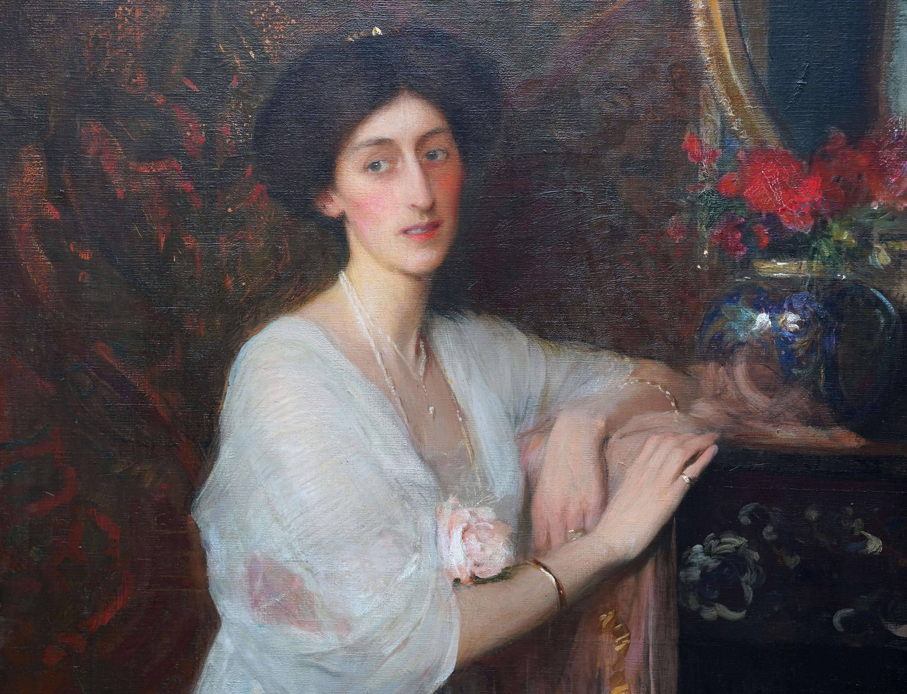 Retrato de la Sra. de William Tisdall Elsie Gardiner - Pintura al óleo eduardiana británica - Painting Realista de George Spencer Watson