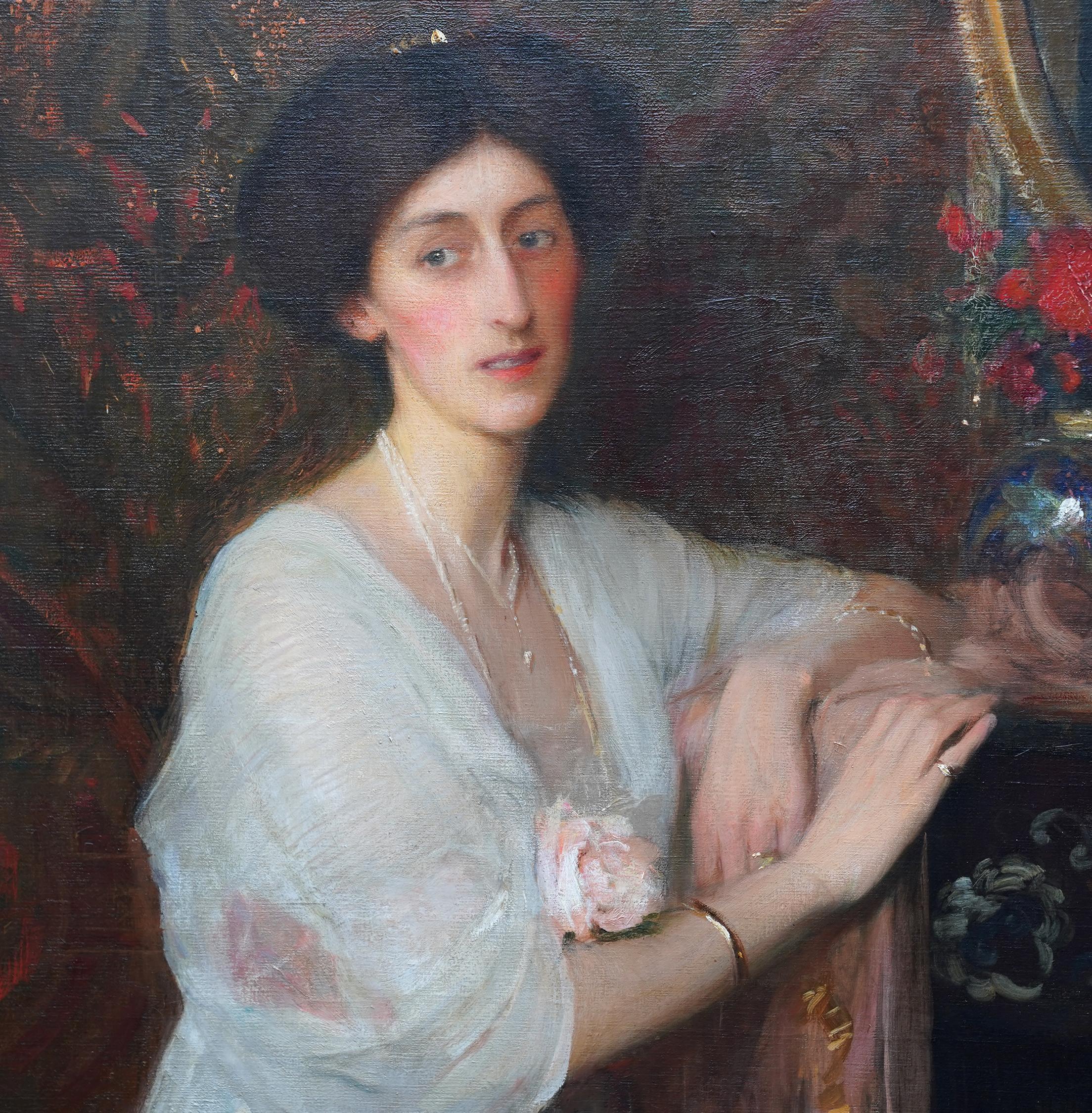 This superb large British Edwardian exhibited portrait oil painting is by noted artist George Spencer Watson. It was painted in 1909 and exhibited at the Royal Academy the same year and has a beautiful Pre-Raphaelite tone to it. One can see the