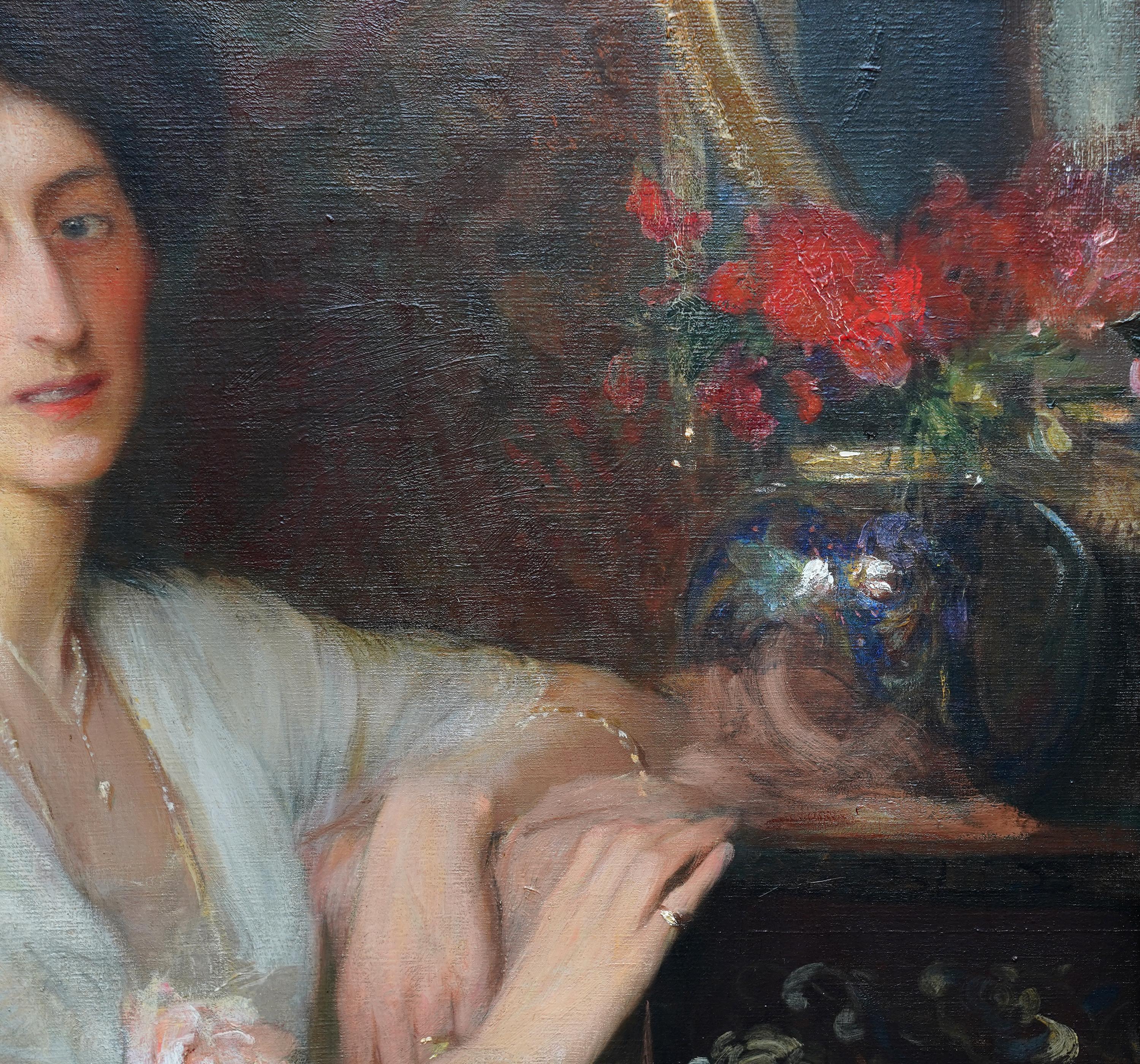 Retrato de la Sra. de William Tisdall Elsie Gardiner - Pintura al óleo eduardiana británica en venta 3