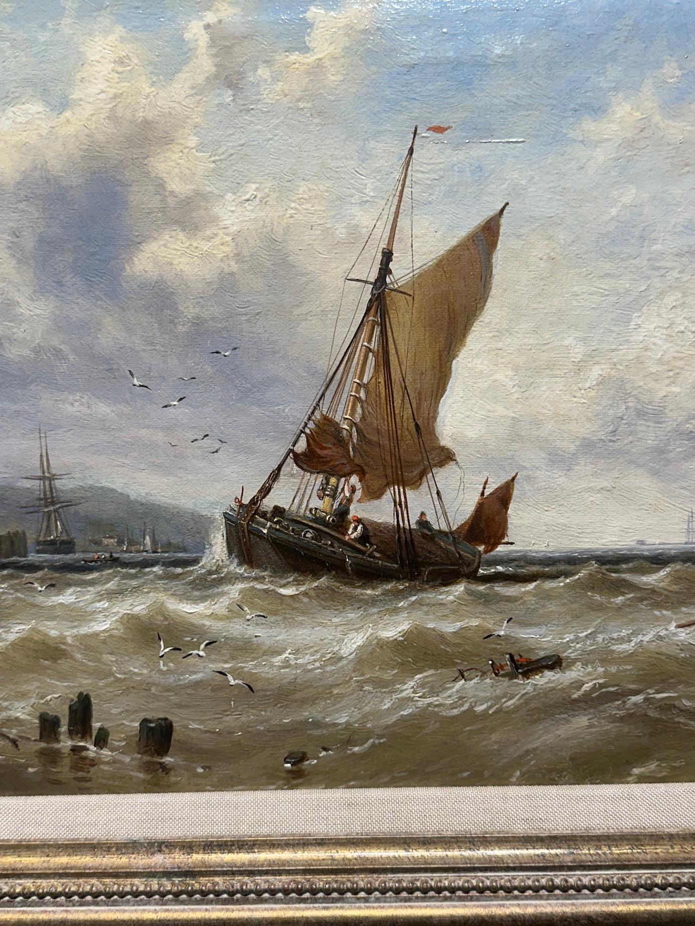 19th century English marine of a fishing boat coming into harbor in rough seas in vendita 5
