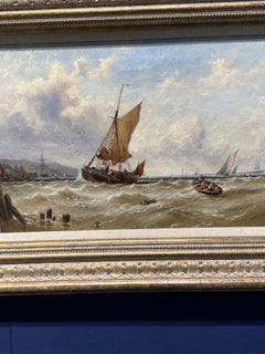 19th century English marine of a fishing boat coming into harbor in rough seas