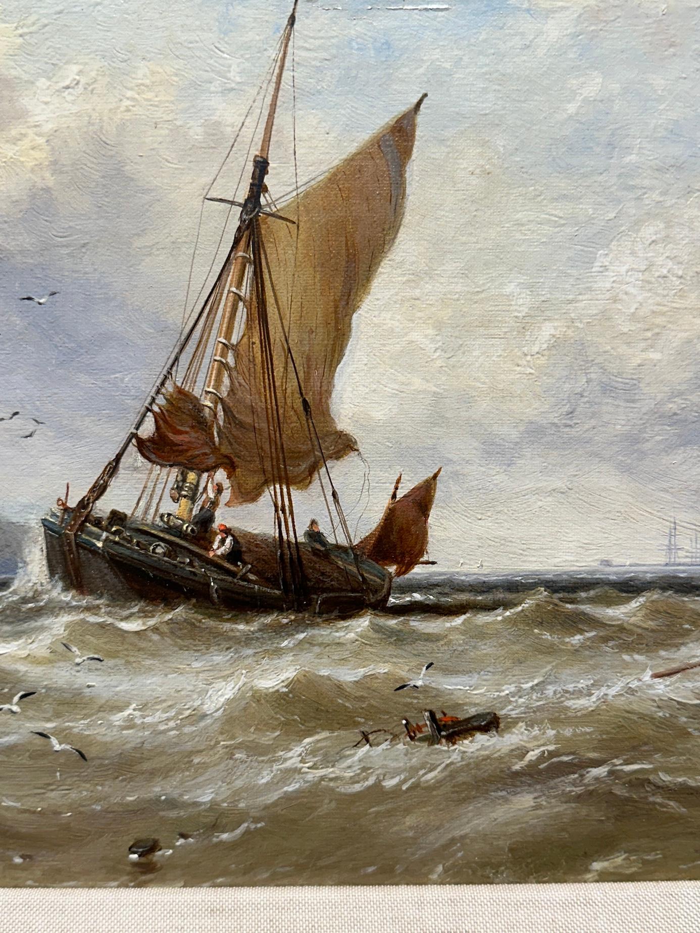 19th century English marine of a fishing boat coming into harbor in rough seas - Landscape Painting Marrone di George Stainton