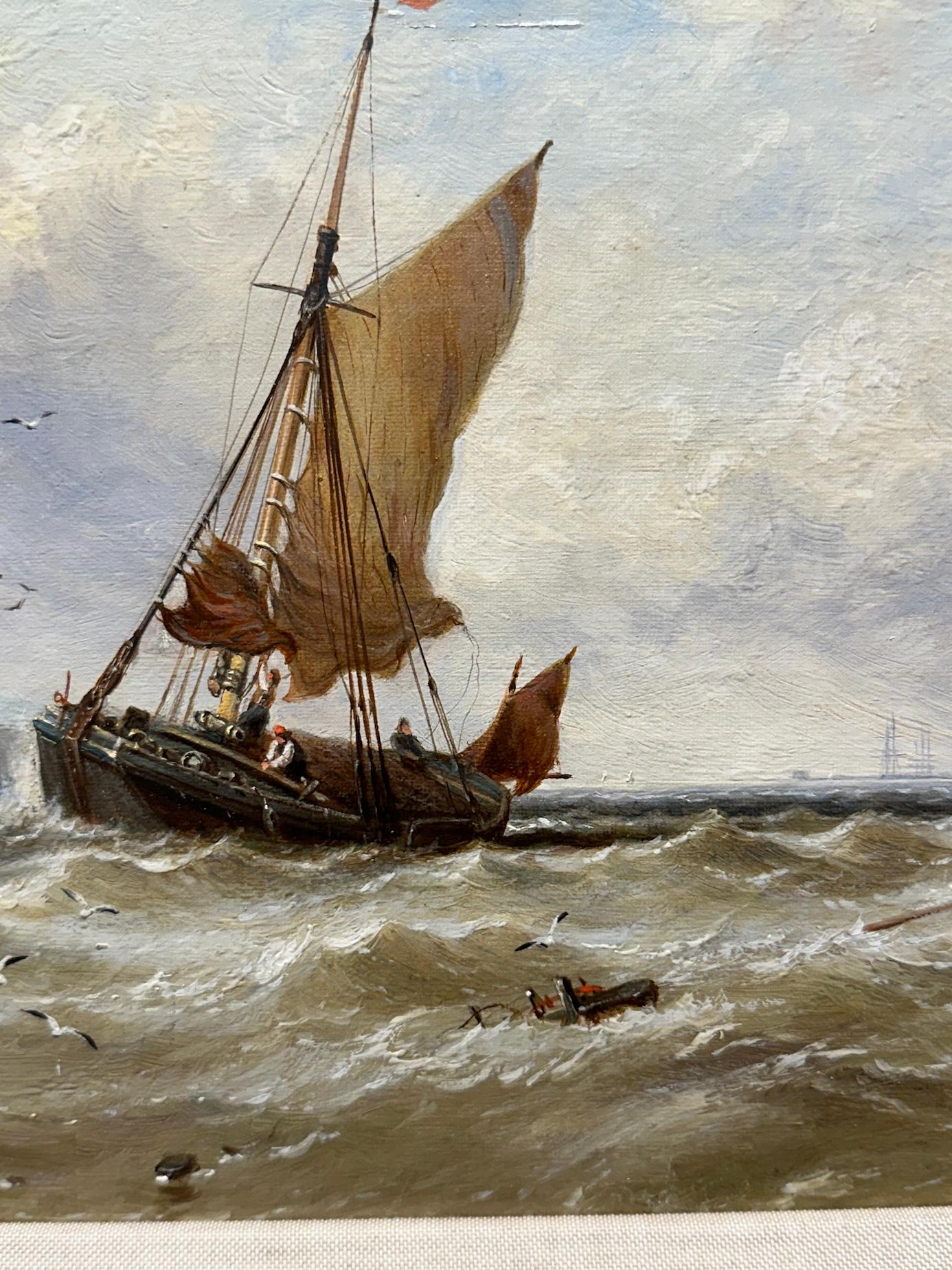 This late 19th-century maritime painting by George Stainton captures the dramatic return of a fishing boat to harbor, skillfully portraying the power of the sea and the resilience of seafarers. Stainton, known for his detailed and atmospheric marine