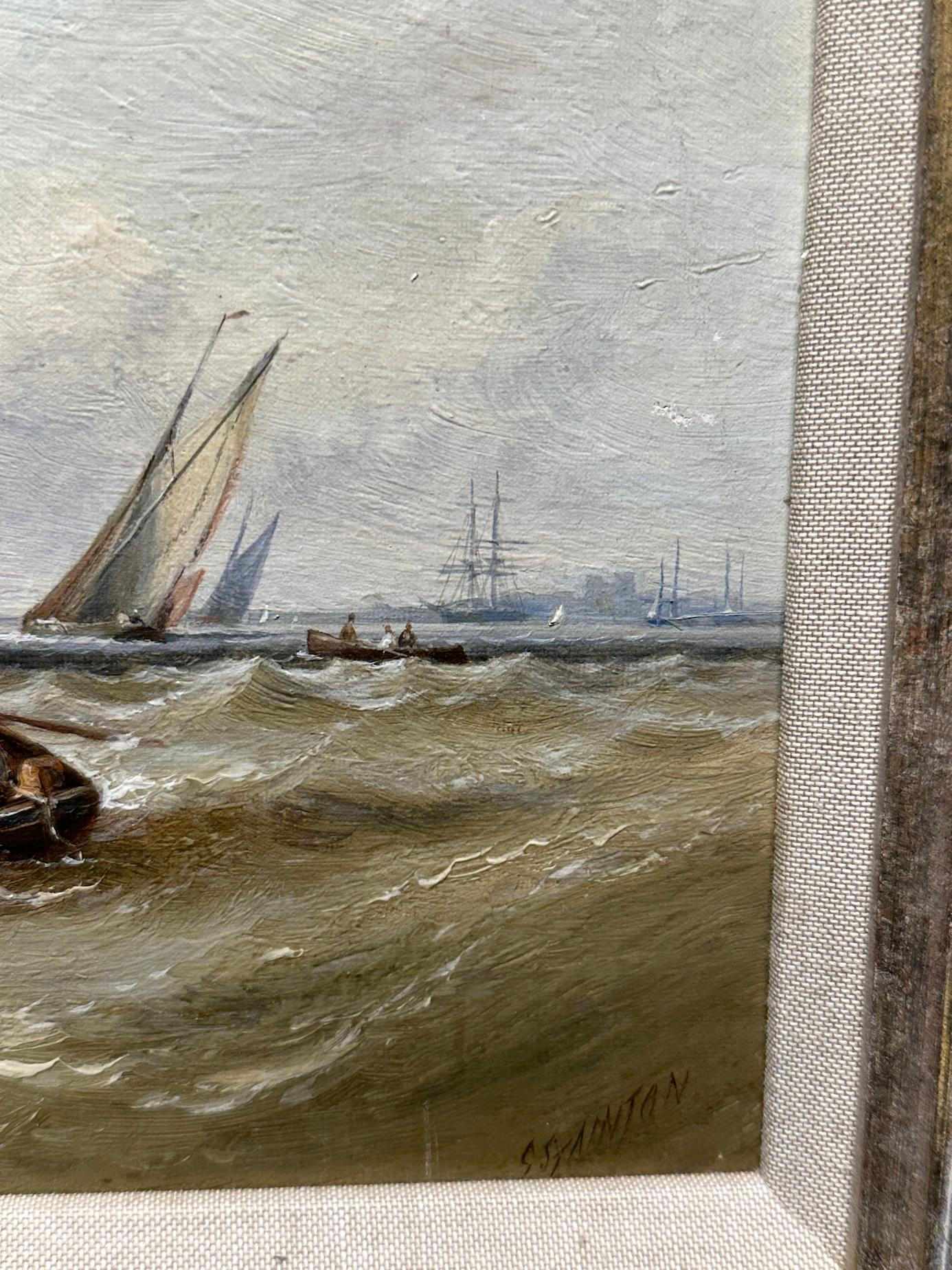 19th century English marine of a fishing boat coming into harbor in rough seas in vendita 2