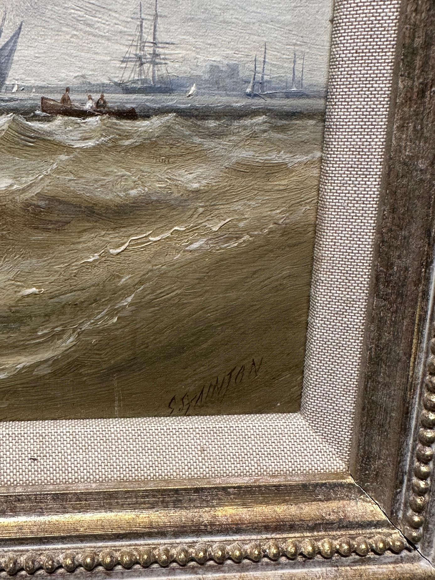 19th century English marine of a fishing boat coming into harbor in rough seas in vendita 3