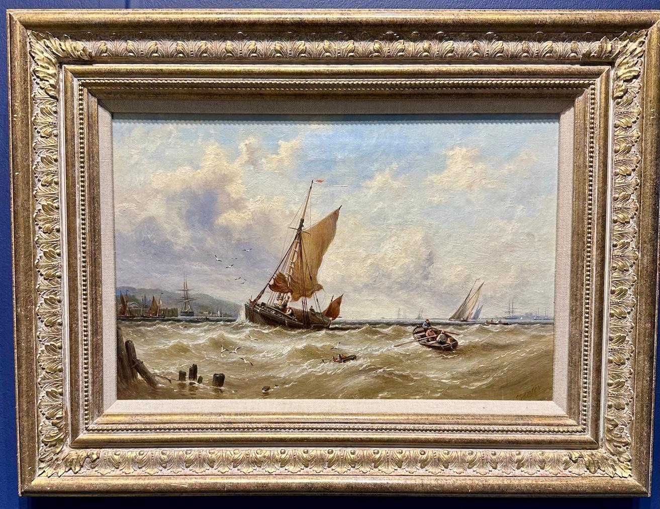 Landscape Painting di George Stainton - 19th century English marine of a fishing boat coming into harbor in rough seas