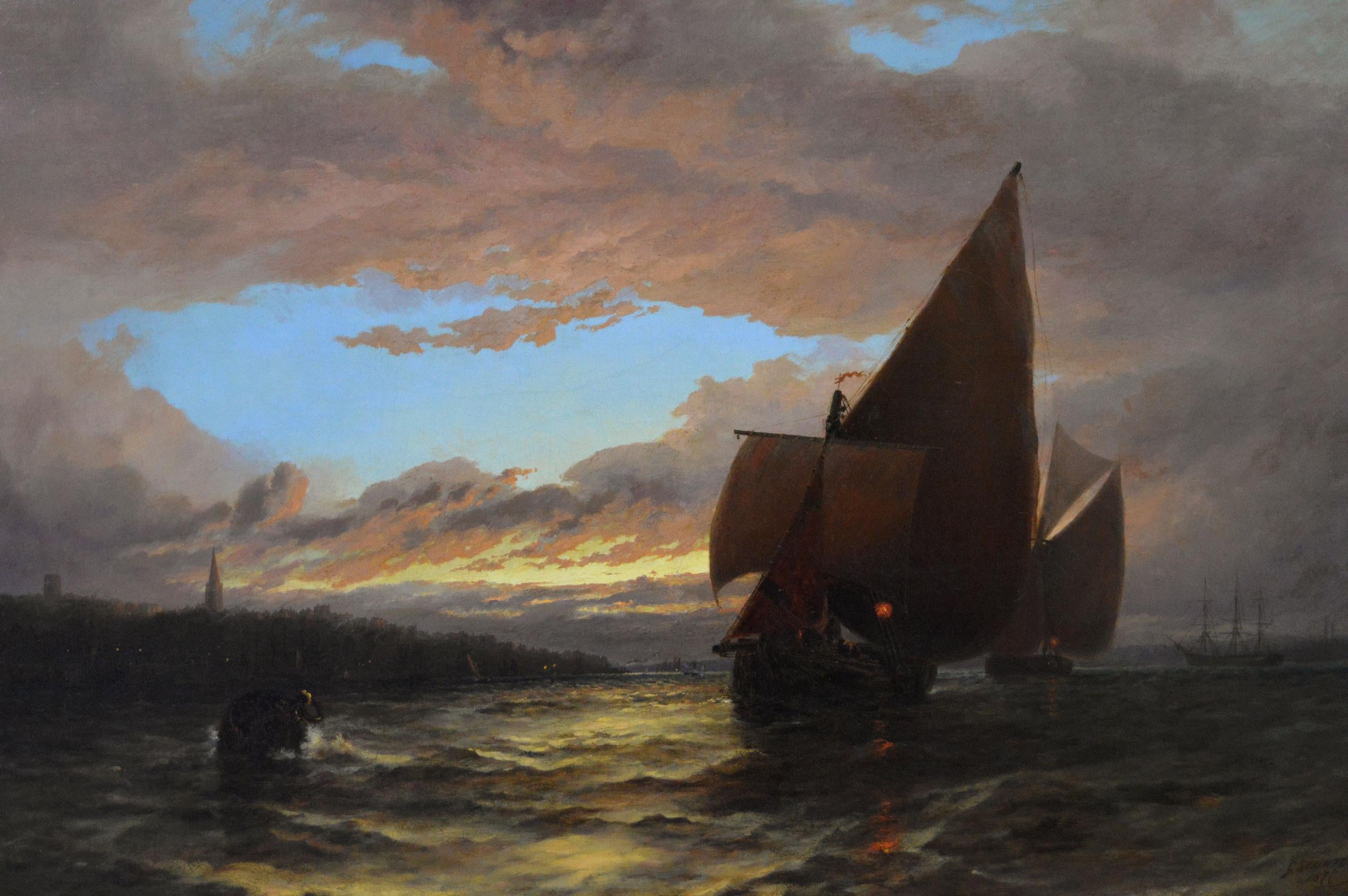 Dipinto a olio del XIX secolo con paesaggio marino di chiatte al largo di Gravesend al crepuscolo - Painting di George Stainton