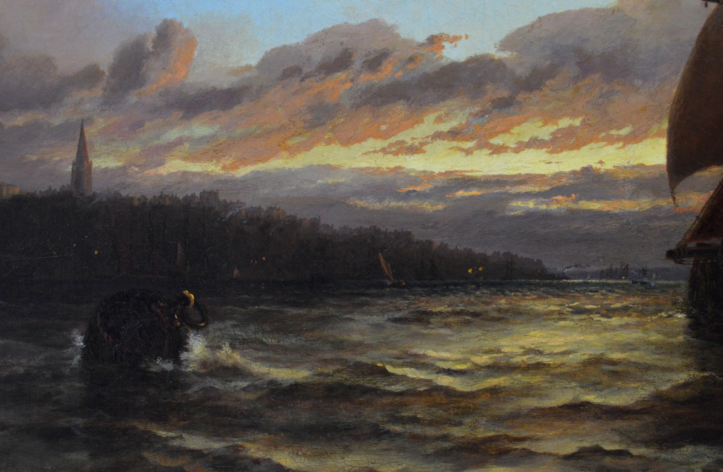 Dipinto a olio del XIX secolo con paesaggio marino di chiatte al largo di Gravesend al crepuscolo - Landscape Painting Marrone di George Stainton