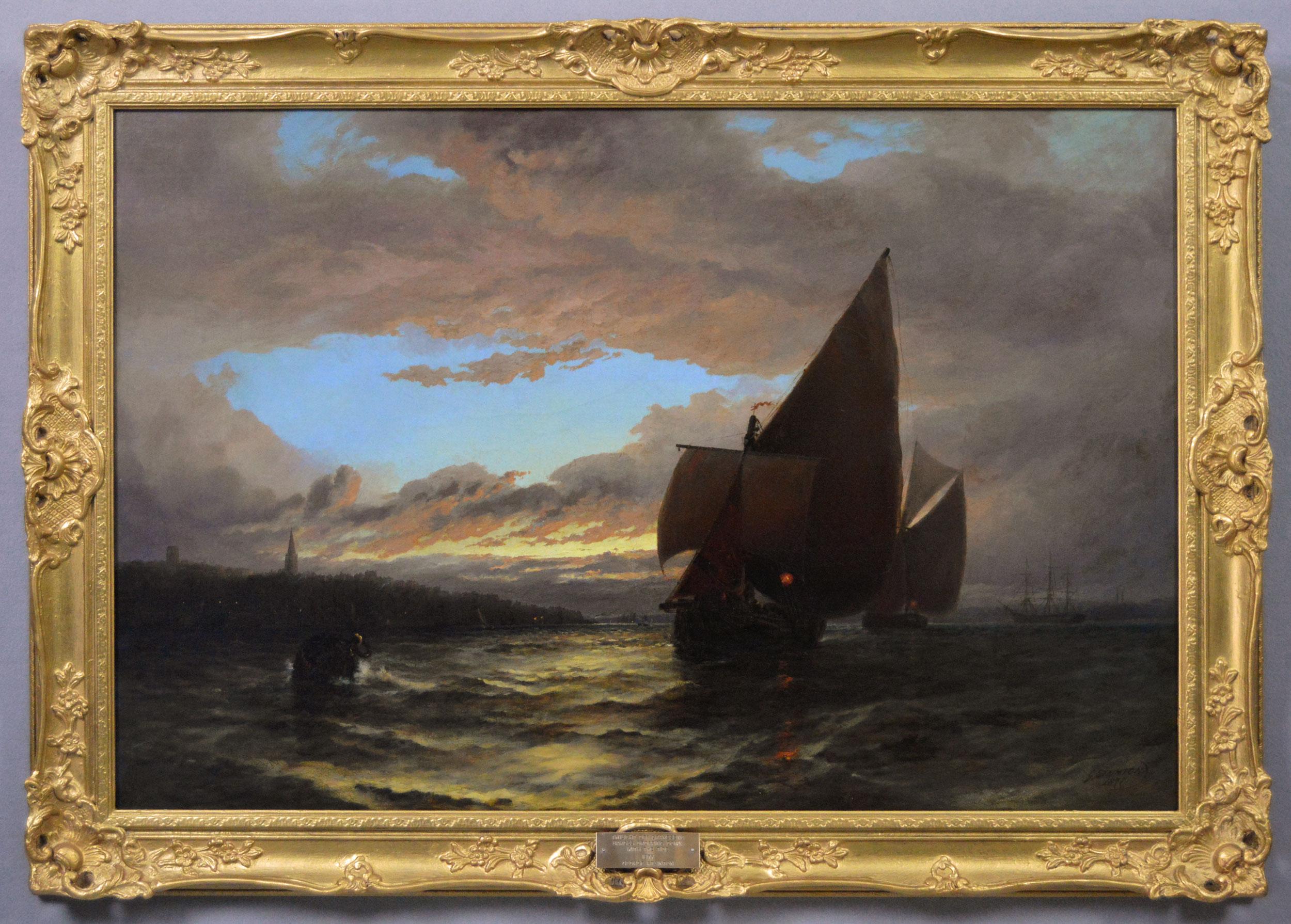 Landscape Painting di George Stainton - Dipinto a olio del XIX secolo con paesaggio marino di chiatte al largo di Gravesend al crepuscolo