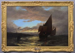 19th Century seascape oil painting of barges off Gravesend at Twilight