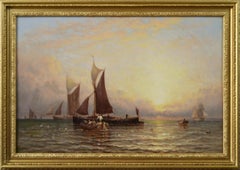 19th Century seascape oil painting of fishing boats at sunset 