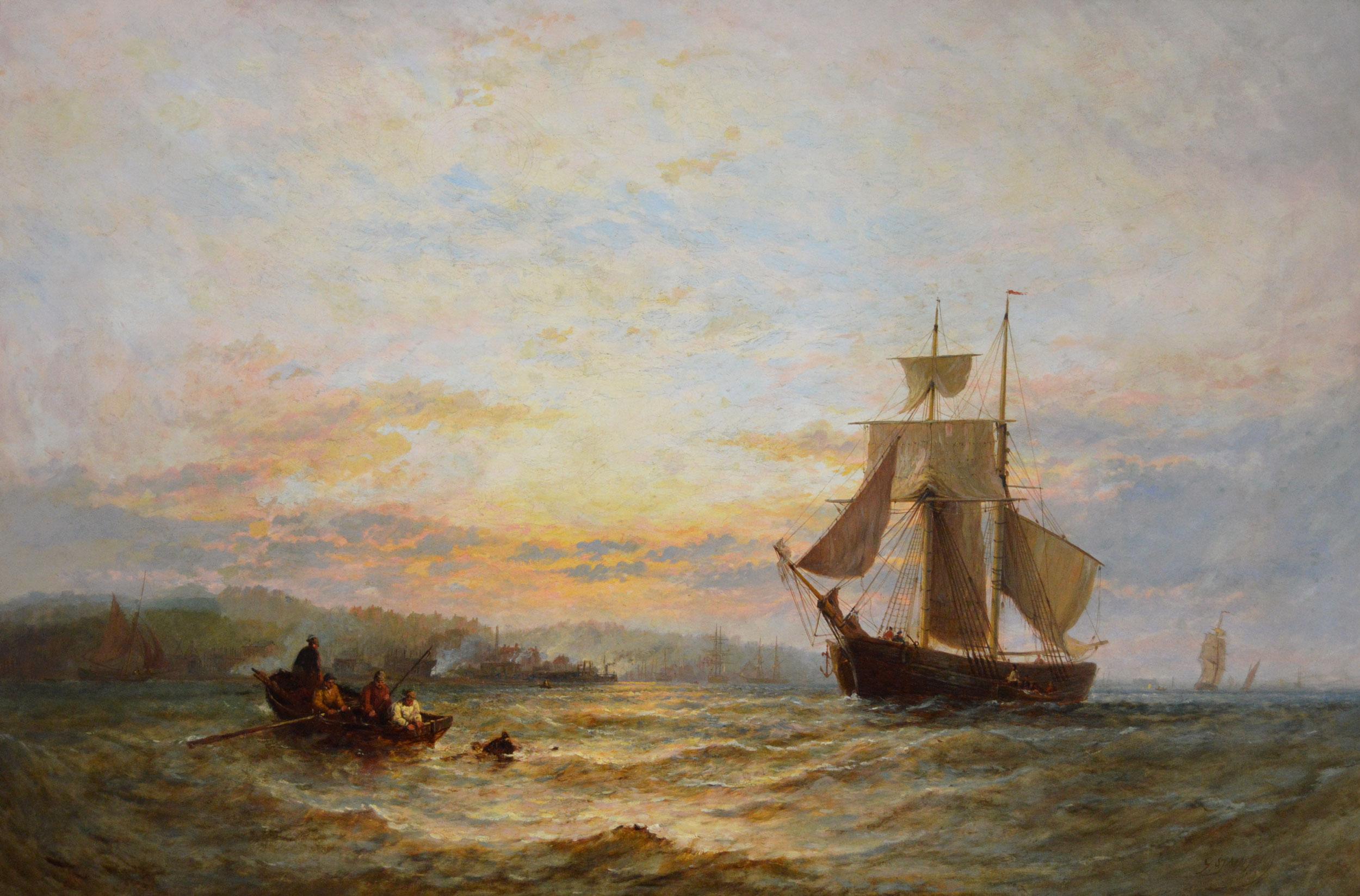 Paesaggio marino del XIX secolo dipinto a olio con barche da pesca al largo di un porto la mattina presto - Painting di George Stainton