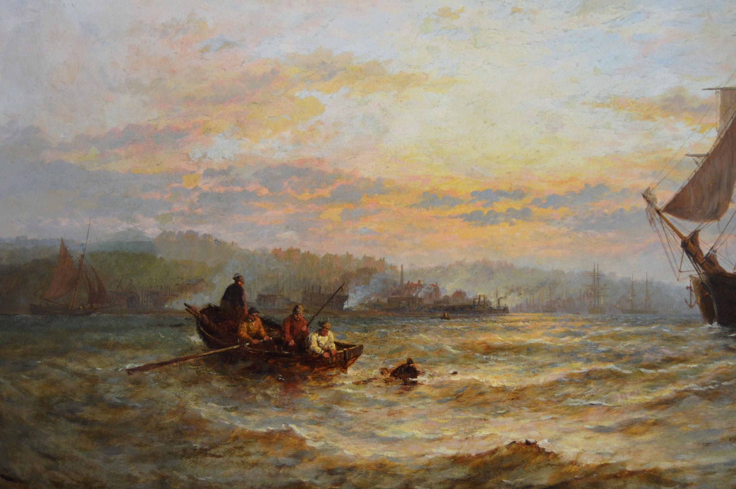 Paesaggio marino del XIX secolo dipinto a olio con barche da pesca al largo di un porto la mattina presto - Landscape Painting Marrone di George Stainton