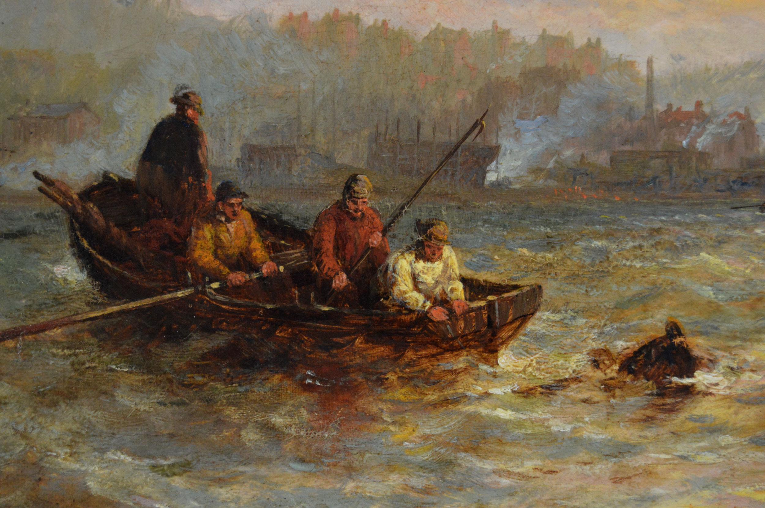 George Stainton 
Britannico, (1838-1900)
Pescherecci al largo di un porto al mattino presto
Olio su tela, firmato
Dimensioni dell'immagine: 23,25 pollici x 35,25 pollici 
Dimensioni comprensive di cornice: 31 pollici x 43 pollici

Un meraviglioso
